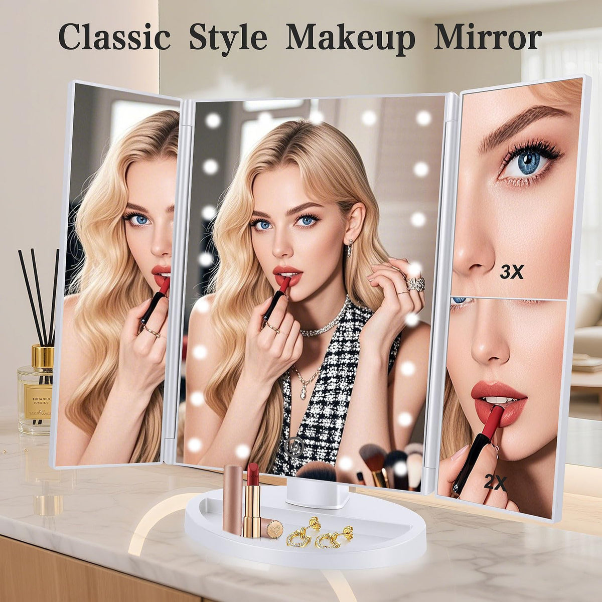 Floor Mount Tri-Fold Lighted Vanity Mirror with 21 LED Lights, Touch Screen and 3X/2X/1X Magnification, Two Power Supply Modes Make Up Mirror,Travel Mirror