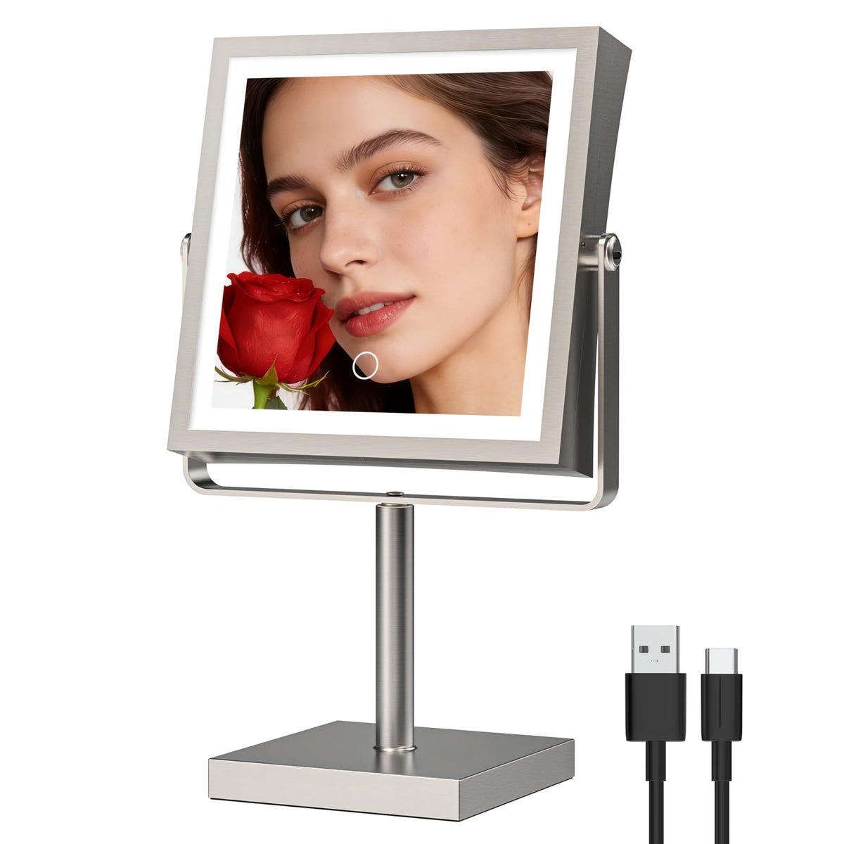 Ruacq Makeup Mirror with Lights 1X/10X Height Adjustable Matte Black | 8",4000mAh Rechargeable,Dual Sided Magnifying Vanity Mirror,3 Color Lights,Adjustable Brightness,Square,Gift for Women