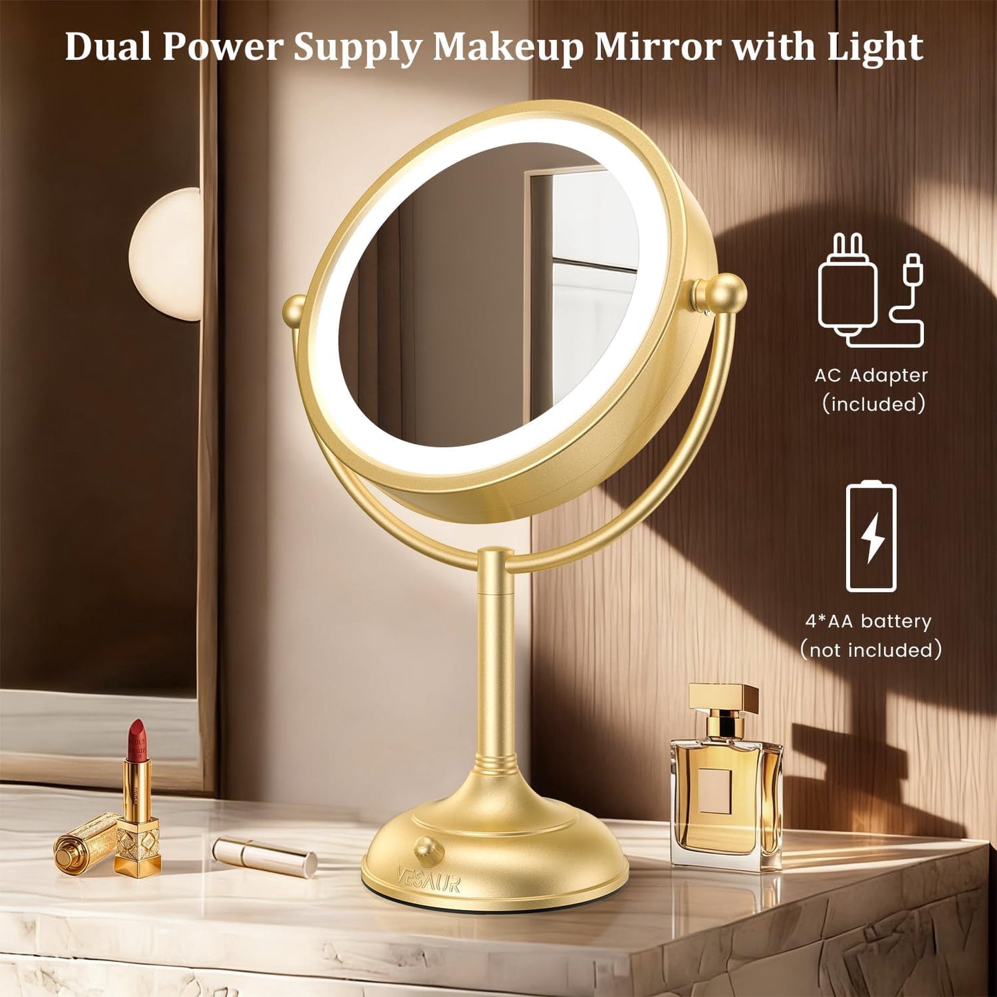 Professional 8.5" Large Lighted Makeup Mirror with Brighter Lights, 1X/10X True HD Magnifying Mirror with 3 Color Dimmable Lights, 90 Shadowless LEDs, 360°Swivel Seamless Vanity Mirror, Gold Nickel