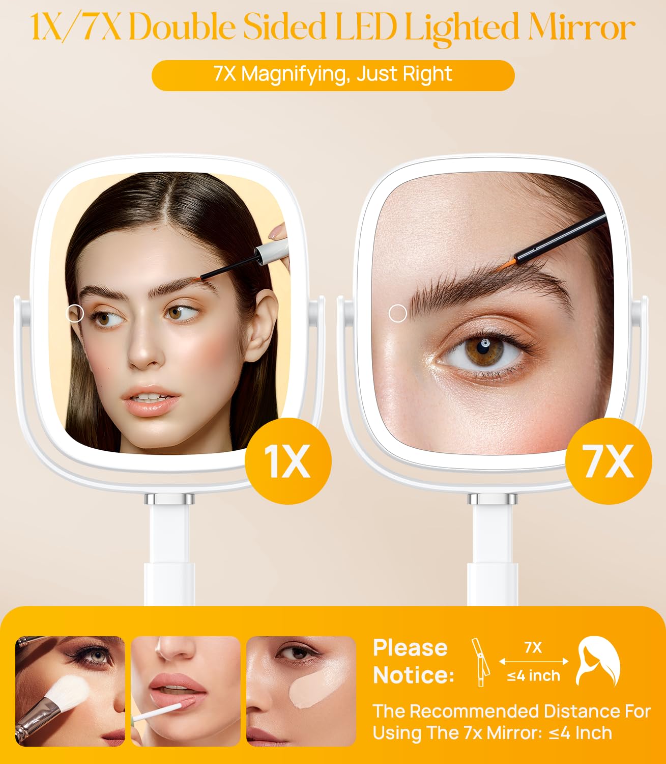 Gospire Rectangle Lighted Makeup Mirror with Lights 1X/7X Magnifying Mirror | Height Adjustable, 4000mAh Rechargeable for Bedroom, 8.5”x7.4” Large Surface, Stepless Dimming - White