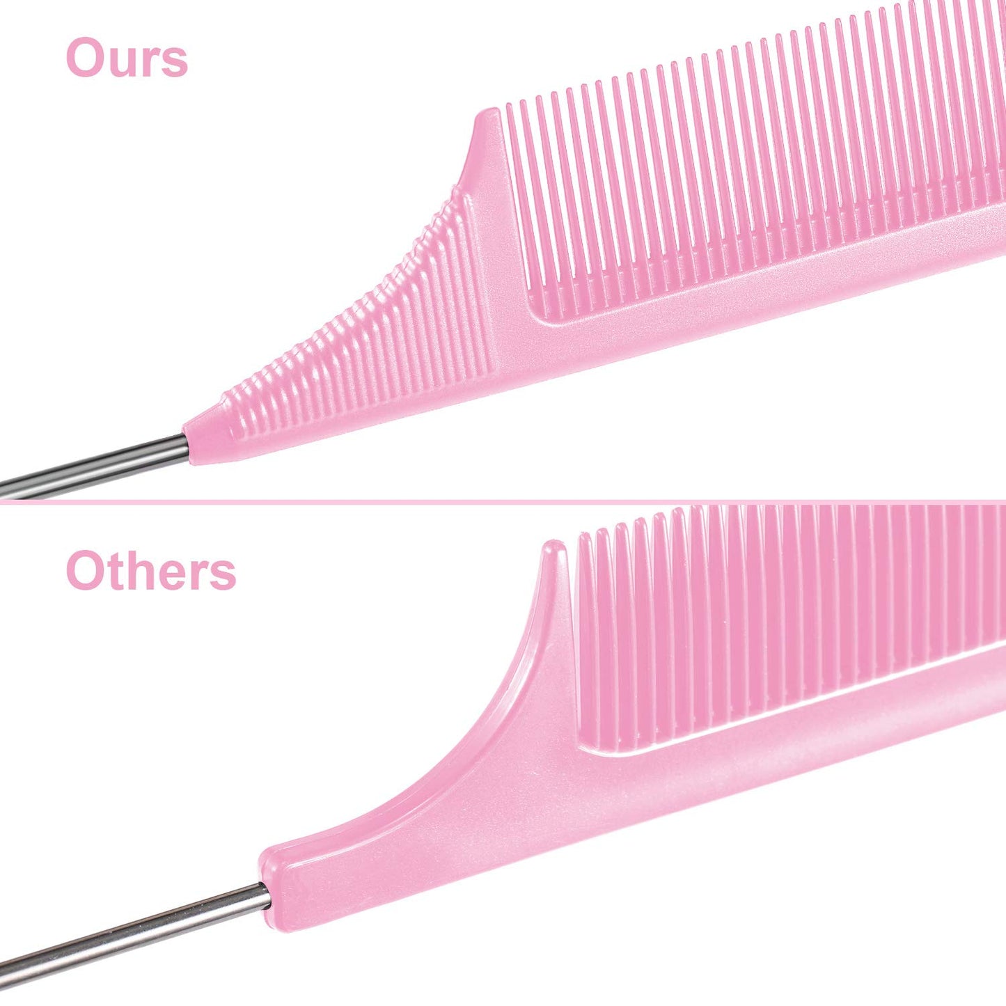 Leinuosen 3 Pack 9 Inch Rat Tail Comb with Metal Pick, Carbon Fiber,Pink | Heat Resistant Styling, Lightweight Sectioning, Fine Tooth for Precise Parting, Teasing Tool for Wigs and Women Haircare
