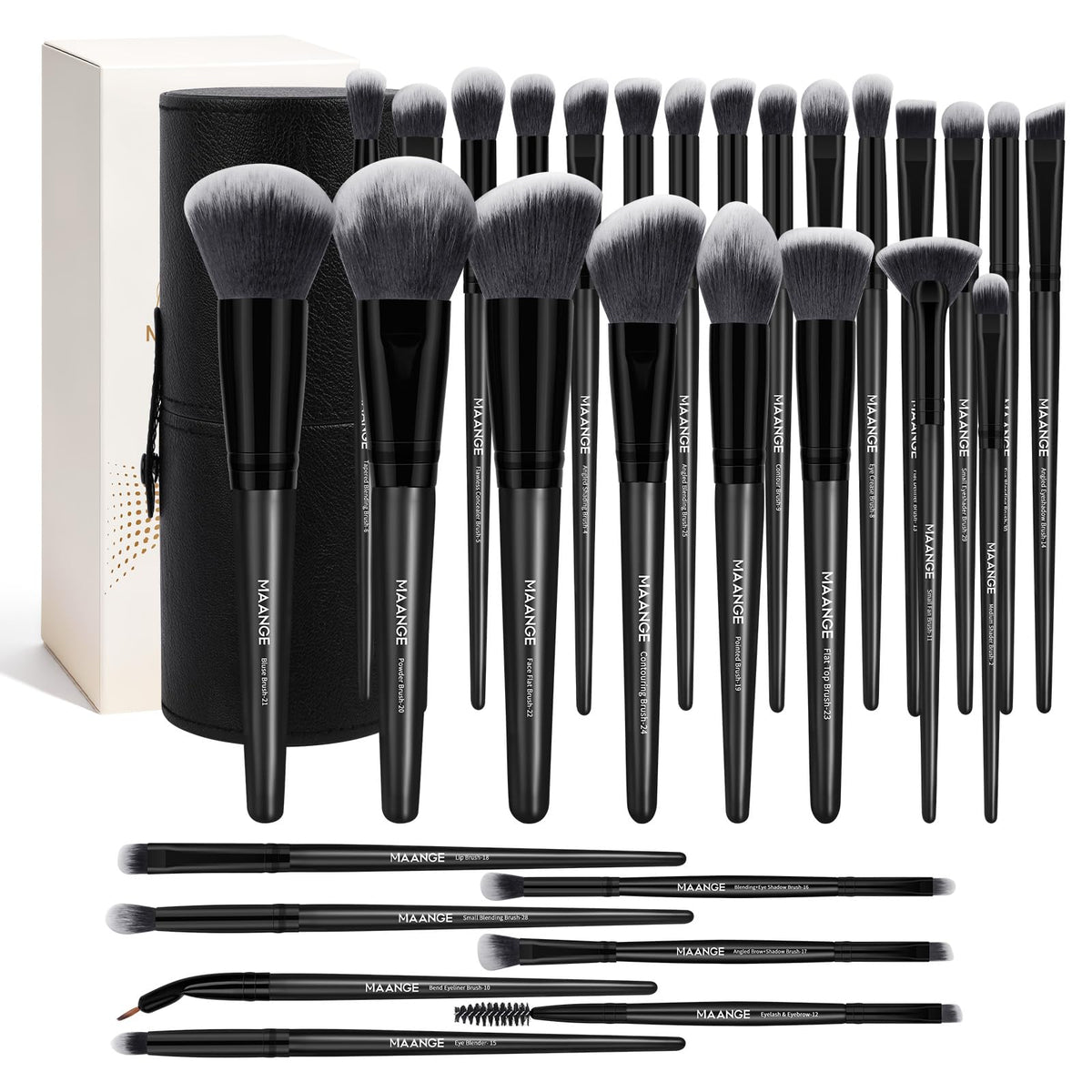 MAANGE 30 Pcs Professional Makeup Brush Set with Travel Case – Kabuki, Foundation, Powder, Blush,Blending& Eyeshadow Brushes, Labeled for Gift-Ready Box,Champagne