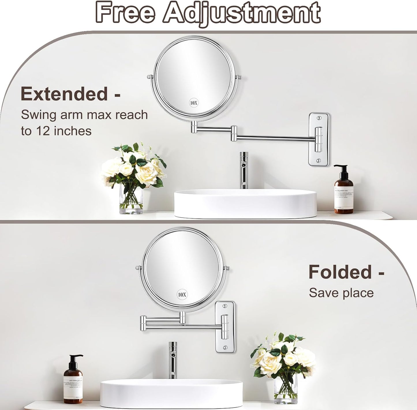 DECLUTTR 8 Inch Wall Mounted Magnifying Mirror with 10x Magnification, Double Sided Vanity Makeup Mirror for Bathroom, Chrome Finished