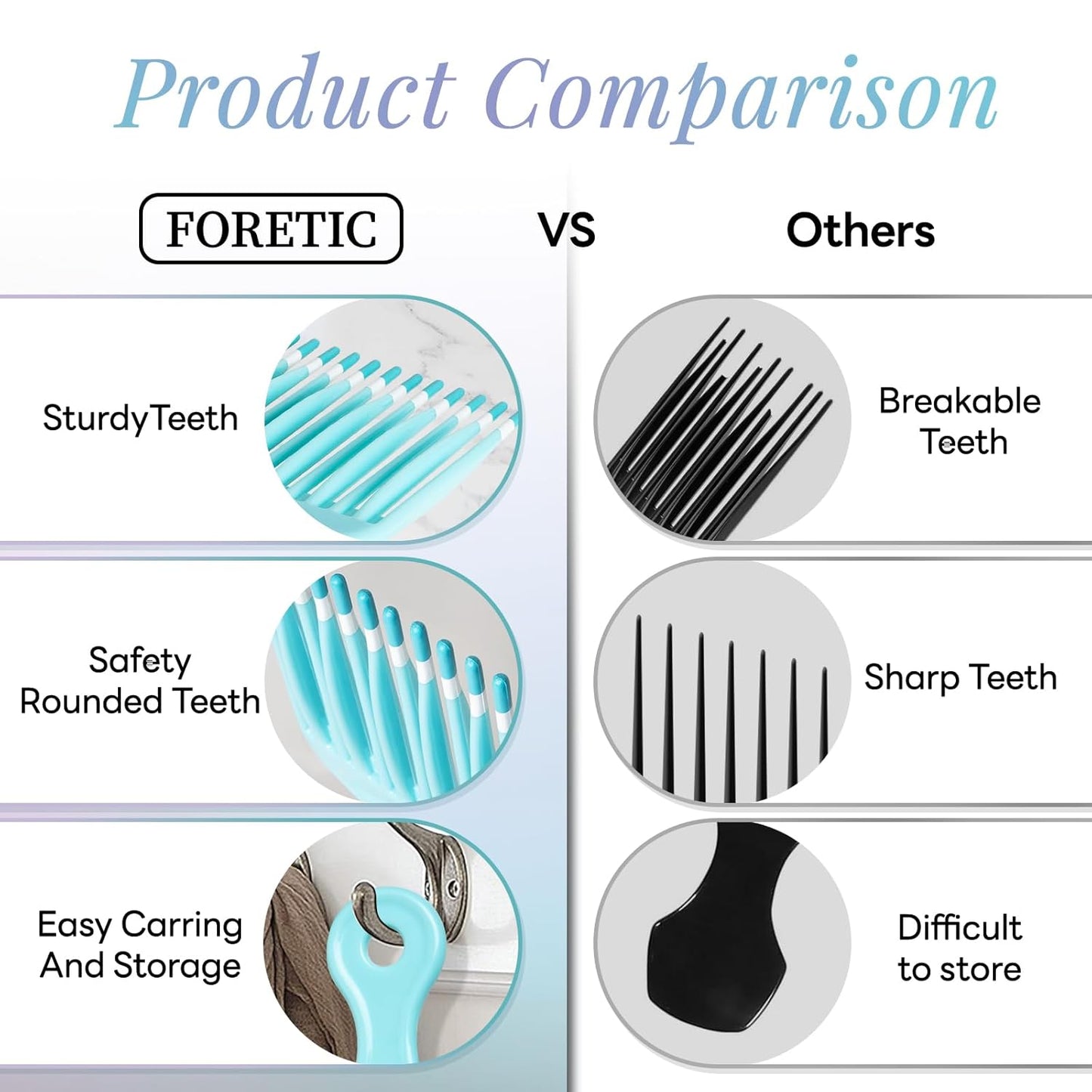 Smooth Hair Pick Comb for Curly, Thick, Medium to Long Hair, Facial Hair（Blue, Purple）