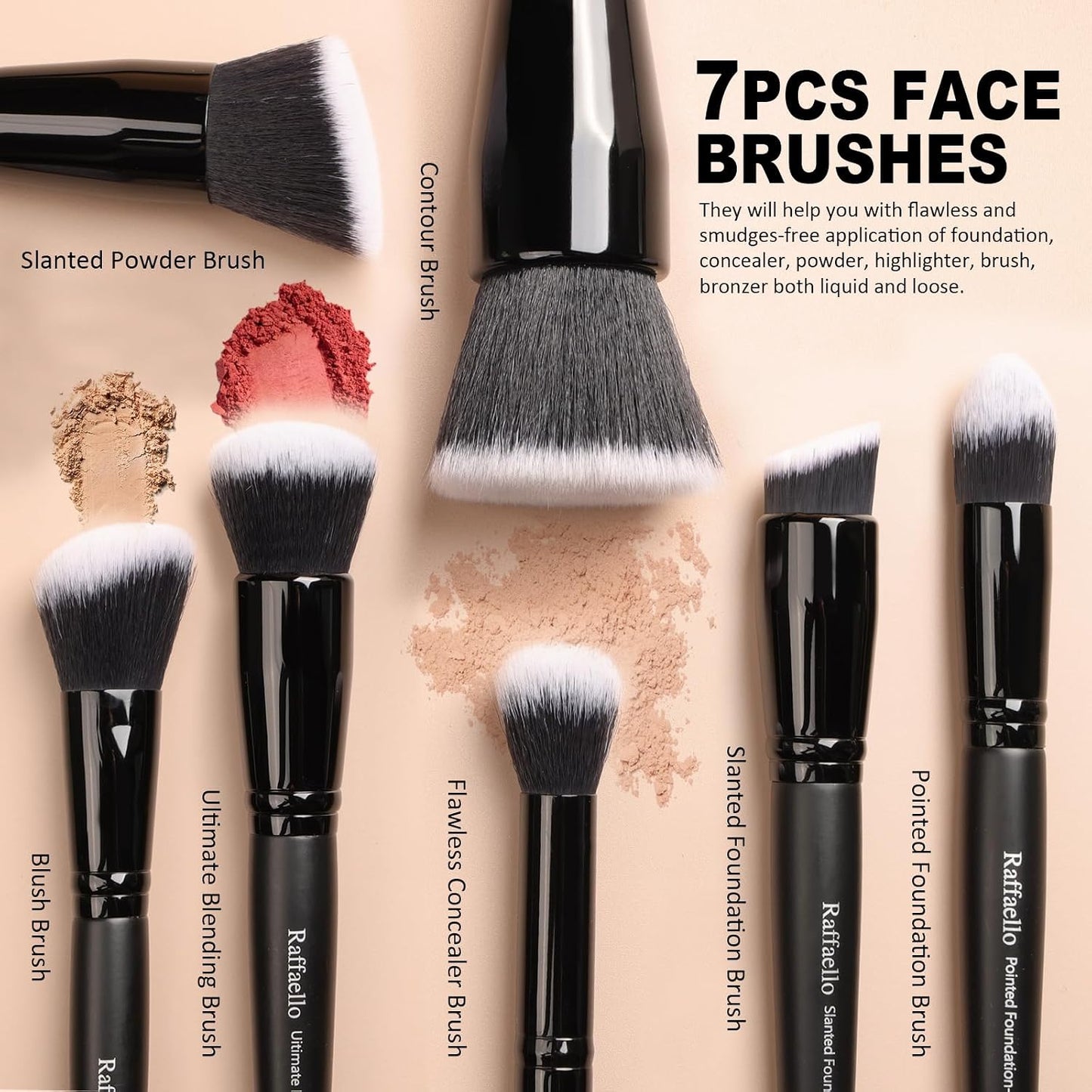 Raffaello Makeup Brushes 15Pcs Makeup Brush Set Premium Synthetic Bristles | for Powder, Foundation, Contour, Blush, Concealer, Bronzer, Buffing, Eye Shadow Blending Liner
