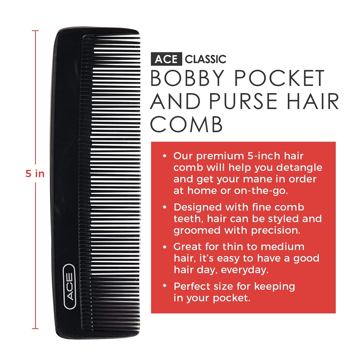 Goody Ace Classic Bobby Pocket and Purse Comb - 5 Inch, Black, Durable & Flexible Teeth, Suitable for All Hair Types, Fine Comb Teeth for Thin to Medium Hair
