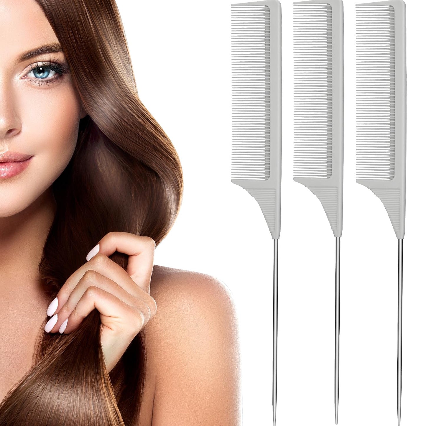 Leinuosen 3 Pack Rat Tail Comb Carbon Fiber,Black | Steel Pin Tail for Sectioning, Heat Resistant Teasing, Pick Comb for Women Wig Styling, Fishtail Design for Salon Updos