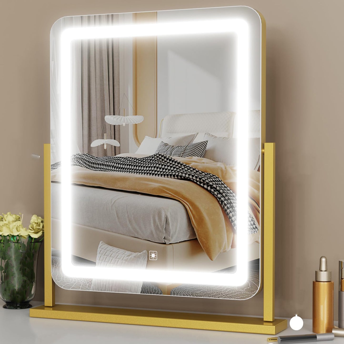 Gvnkvn Lighted Makeup Mirror, Hollywood Vanity Mirror with Lights, Three Color Lighting Modes, and Detachable 10X Magnification Mirror, Smart Touch Control, 360°Rotation (15.2in. Gold)