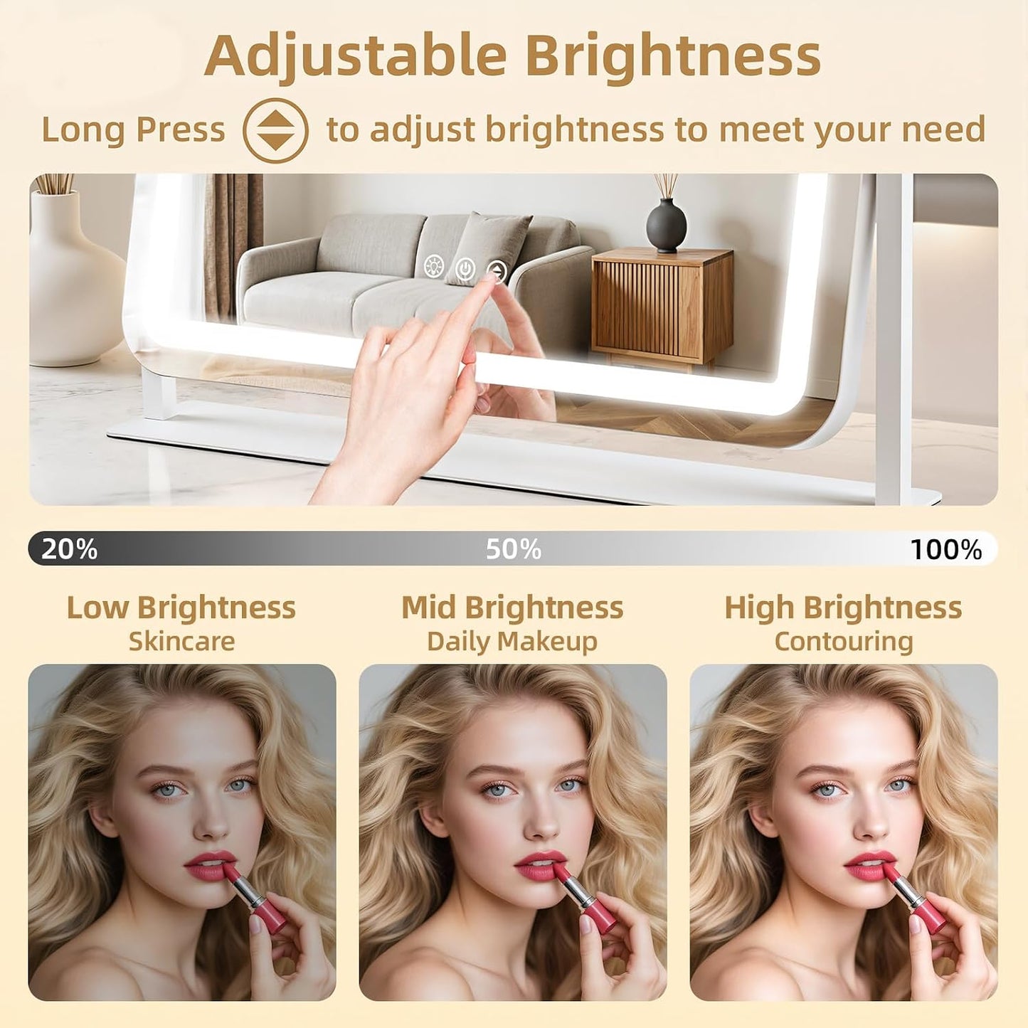 Vanity Mirror with Lights 22"x17", Lighted Makeup Mirror with 10X Magnification 4.5", 3 Color Dimmble Lights, Touch Control, 360° Rotation, Metal Frame, Women's Gift, For Bedroom/Dressing Room, White