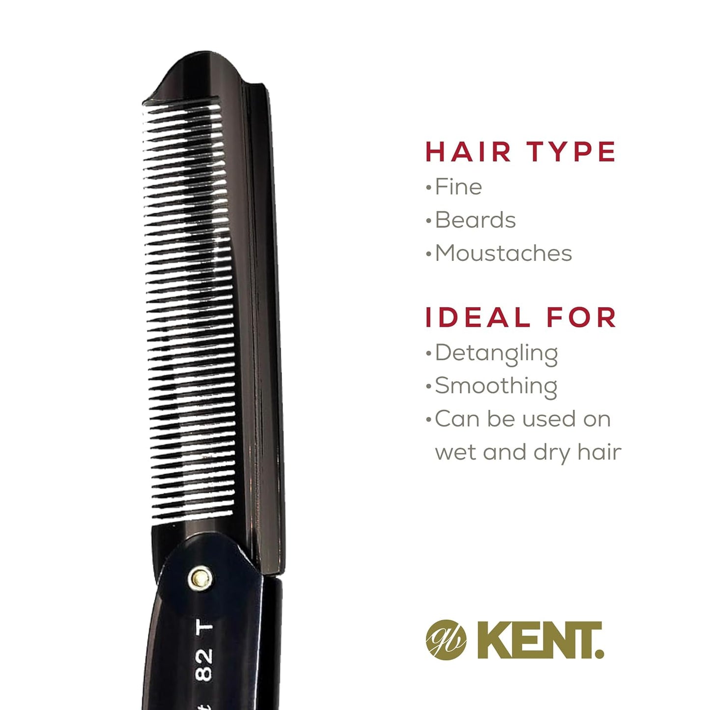 Kent 82T Black Graphite Folding Pocket Comb for Men, Fine Tooth Hair Comb Straightener for Everyday Grooming, Beard or Mustache, Use Dry or with Balms, Saw Cut Hand Polished, Made in England
