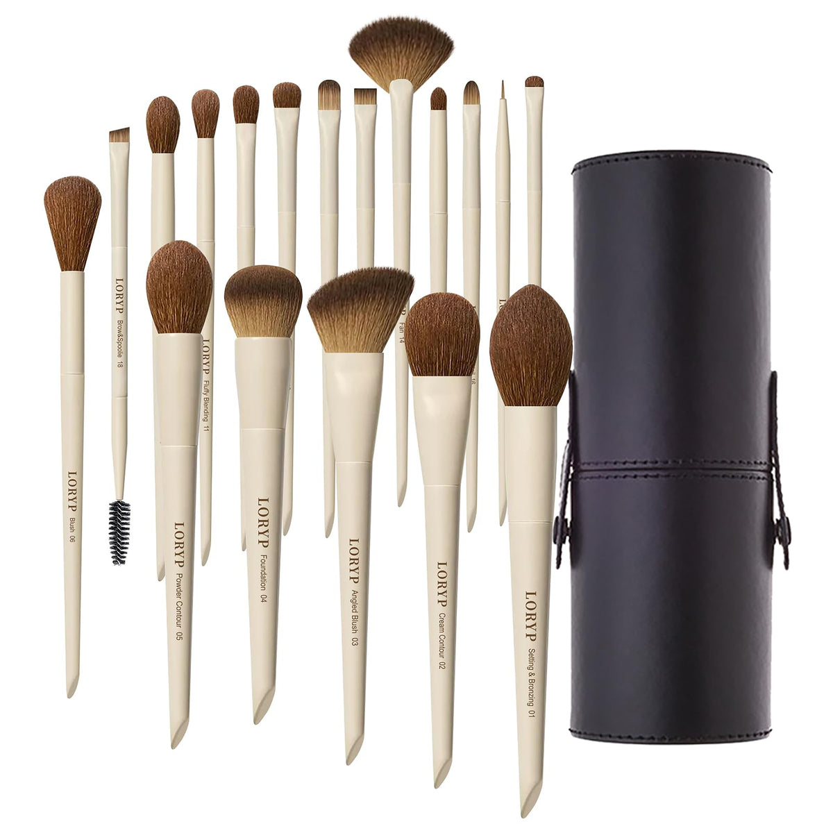 LORYP Makeup Brushes Set Labeled 18 Piece Face and Eye Brush Set Ultra soft hair Foundation, Concealer, Blush, Contour, Blending, Eyeshadow Khaki Brush kit