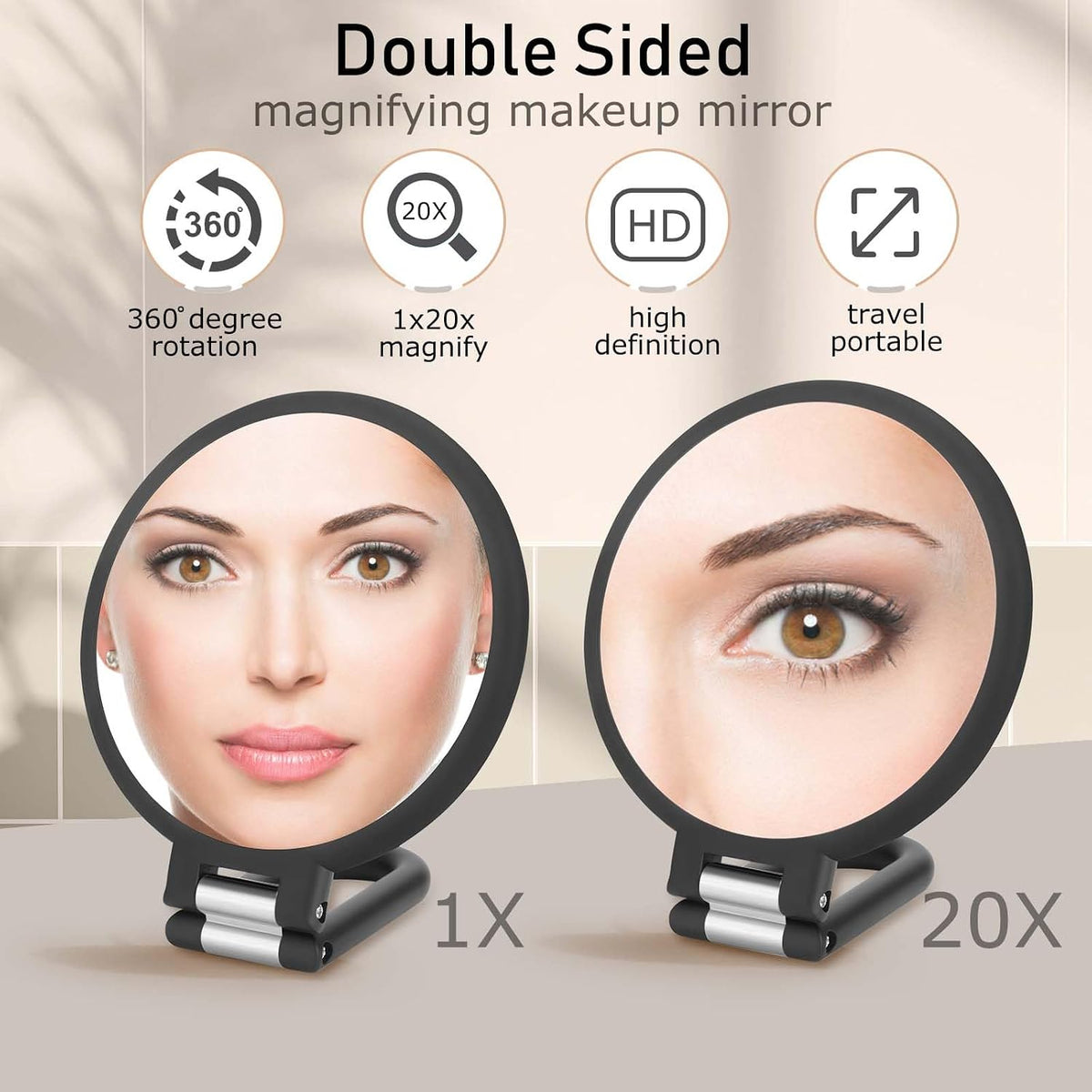 CLSEVXY Magnifying Handheld Mirror Double Sided, 1X 20X Magnification Hand Mirrors, Travel Folding Hand Held Mirror, 360°Rotation Pedestal Makeup Vanity Mirror