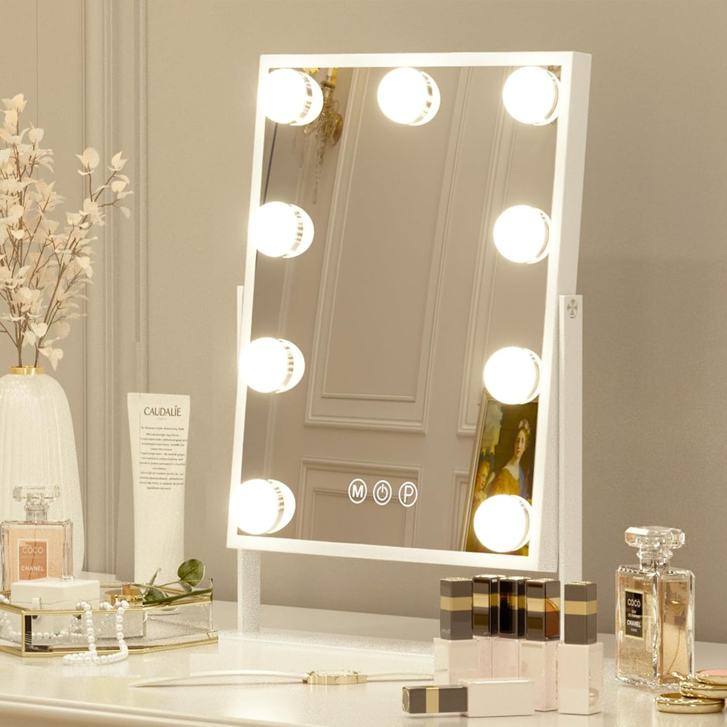 FENCHILIN Vanity Mirror with Light Lighted Makeup Mirror Vanity Smart Touch Control 3Colors Dimmable Detachable 10X Magnification Tabletop 360°Rotation(White)