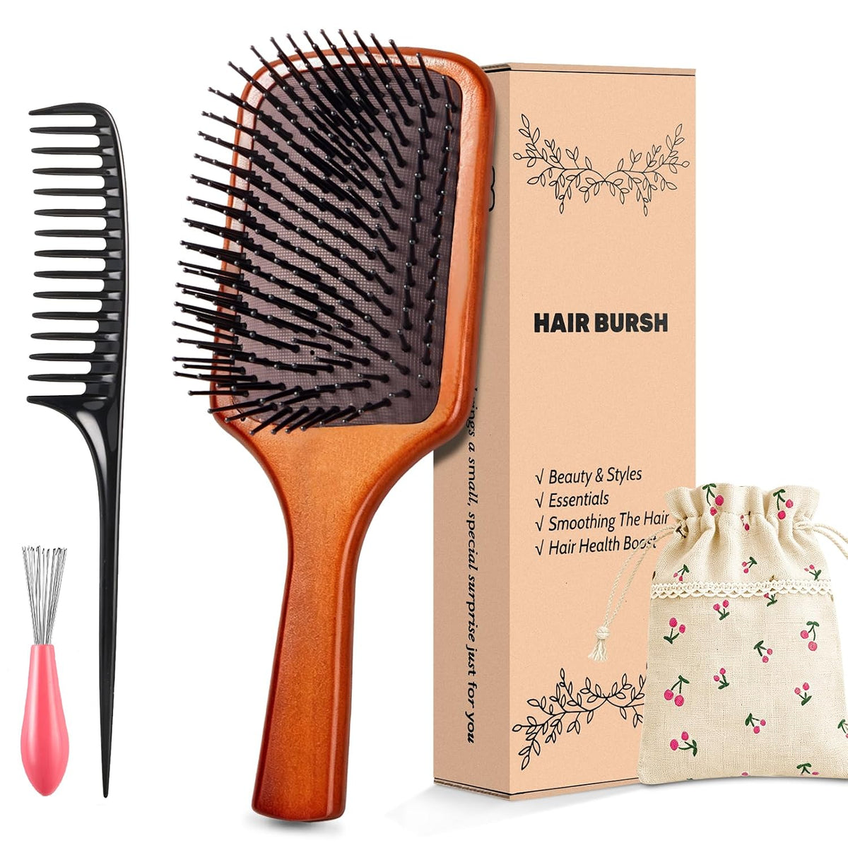 Wooden Hair Brush –Detangling Air Cushion Paddle, Anti-Static, Reduces Breakage, for Curly & Straight Hair, Wet & Dry Use for Women Men All Hair Types