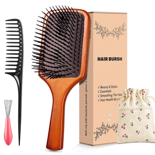 Wooden Hair Brush –Detangling Air Cushion Paddle, Anti-Static, Reduces Breakage, for Curly & Straight Hair, Wet & Dry Use for Women Men All Hair Types