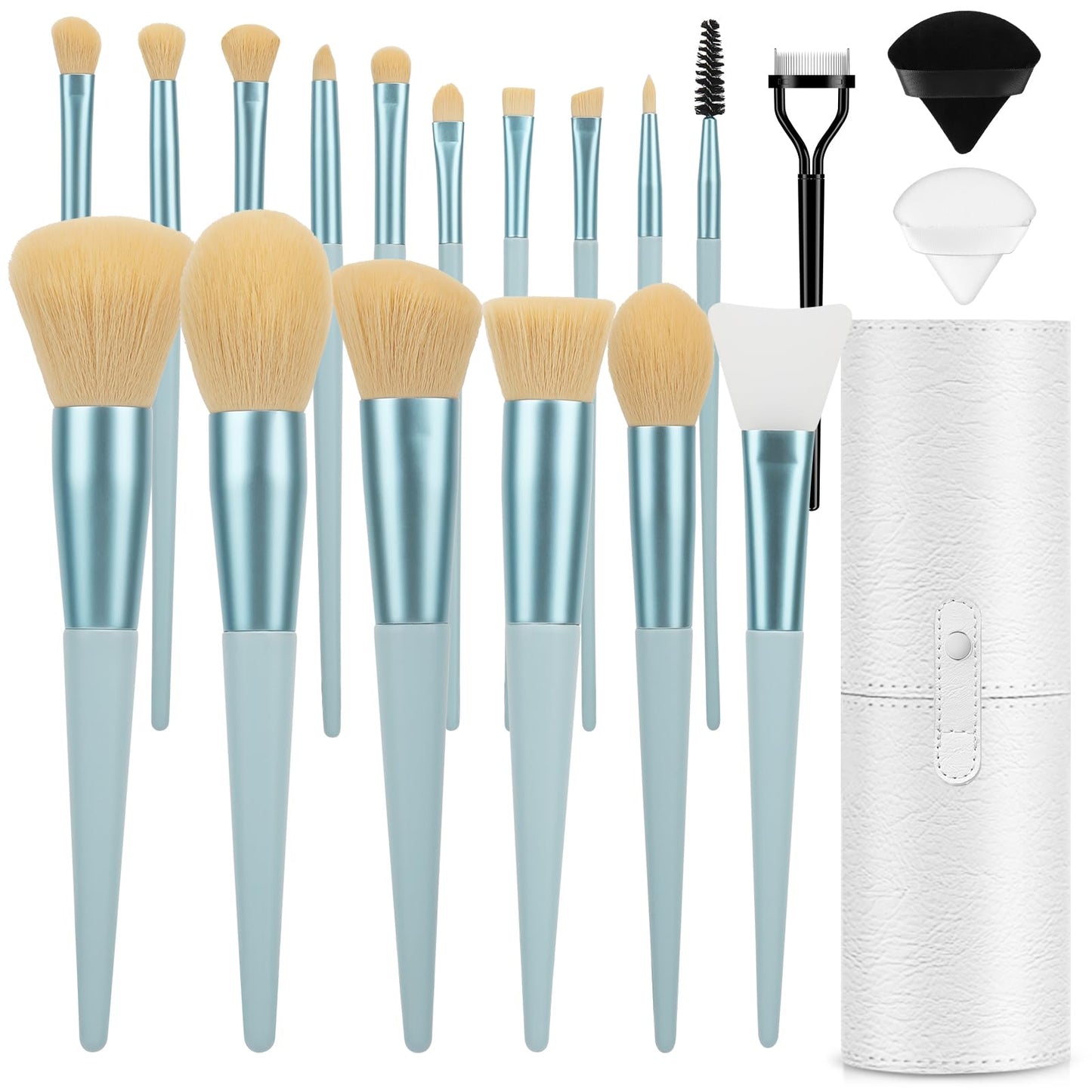 LUXBRU Makeup Brushes With Case 20PCs Professional Makeup Brush Set, Foundation Powder Eyeshadow Brush Set Eyebrow Concealer Contour Travel Brushes Kit with Holder & 2 Powder Puff-White