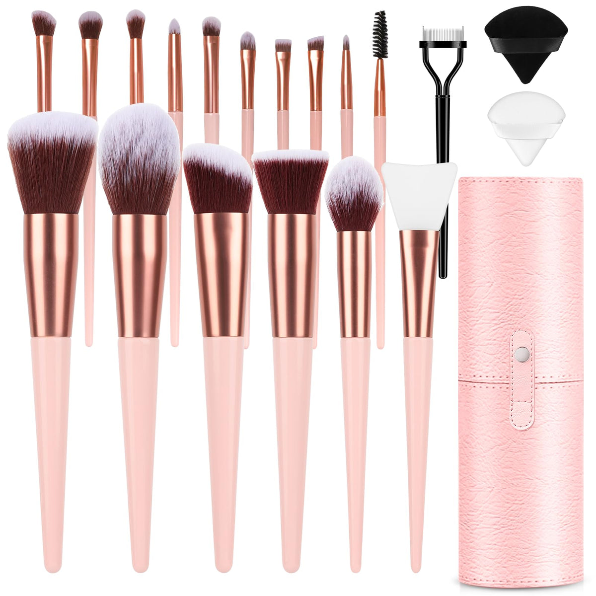 LUXBRU Makeup Brushes With Case 20PCs Professional Makeup Brush Set, Foundation Powder Eyeshadow Brush Set Eyebrow Concealer Contour Travel Brushes Kit with Holder & 2 Powder Puff-White