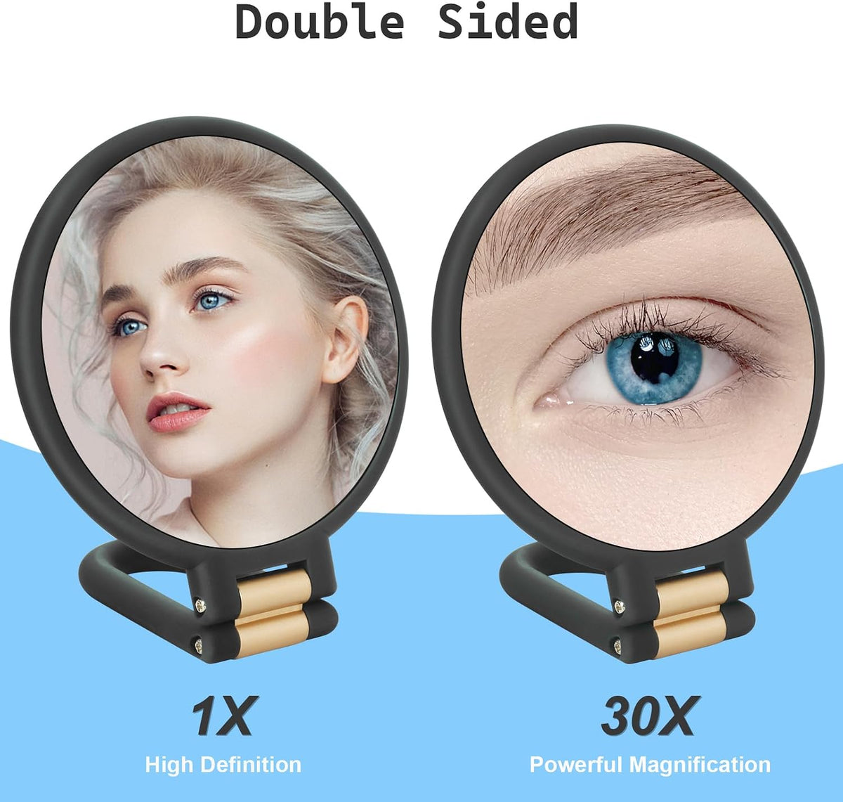 Sifolo 30x Magnifying Mirror, Travel Hand Mirrors with Handle - Double Side Handheld Mirror with 1X 30X Magnification & Adjustable Handle/Stand, Hand Held Foldable Travel Mirror for Makeup(Black)
