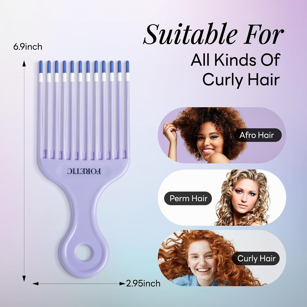 Smooth Hair Pick Comb for Curly, Thick, Medium to Long Hair, Facial Hair（Blue, Purple）