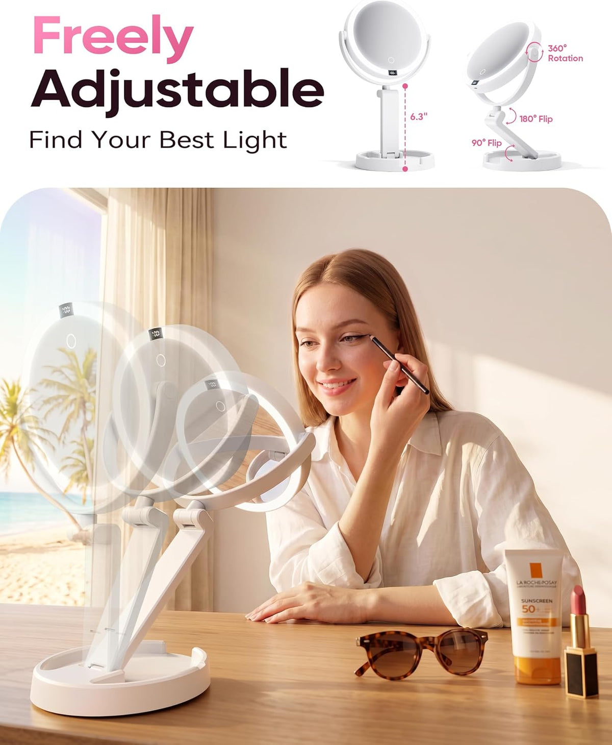 Makeup Mirror with Lights - 1X/30X Magnifying Double Sided Mirror | 3 Color Lighting & Stepless Dimming, 2000mAh Rechargeable, Foldable Portable, 7 Inches
