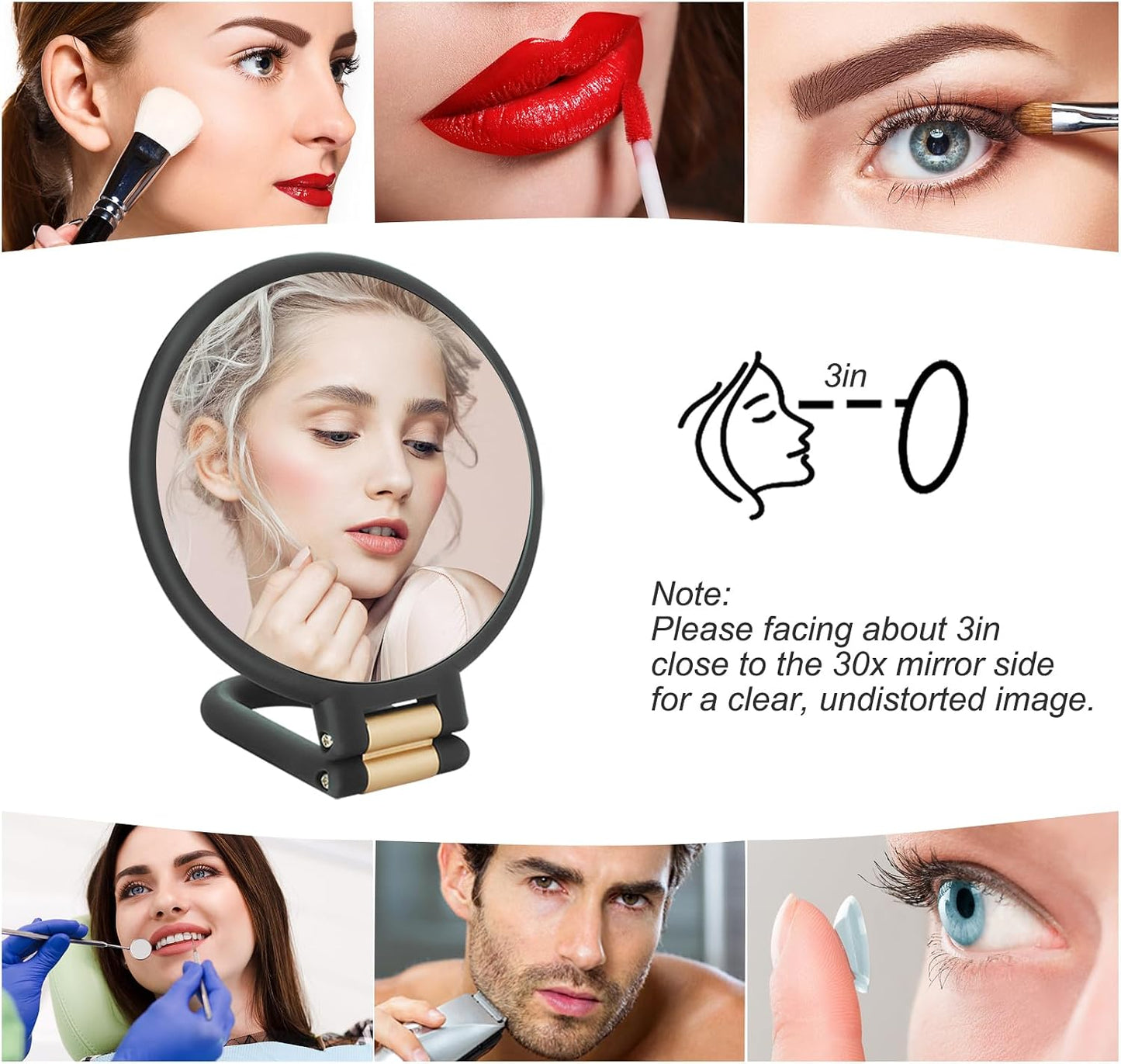 Sifolo 30x Magnifying Mirror, Travel Hand Mirrors with Handle - Double Side Handheld Mirror with 1X 30X Magnification & Adjustable Handle/Stand, Hand Held Foldable Travel Mirror for Makeup(Black)