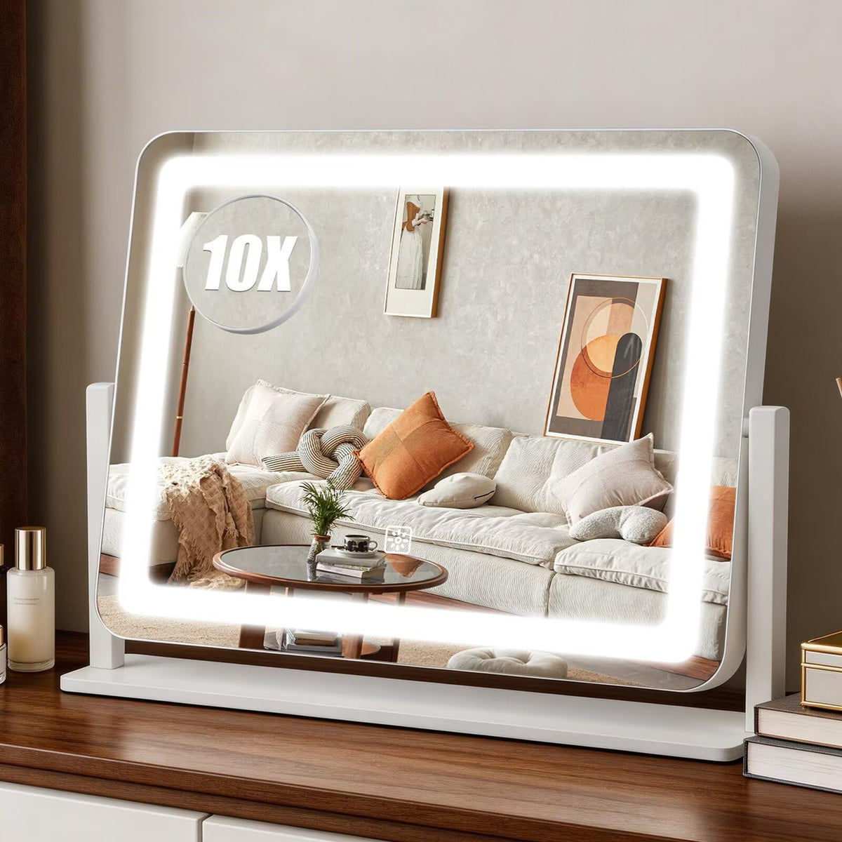 Rechargeable Vanity Mirror with Lights, 10"×8" Makeup Mirror with Lights, 1500mAH Battery, Smart Touch with 3-Color Lighting, Dimmable, HD Desk Mirror, Travel Essentials, Women Gift (White)