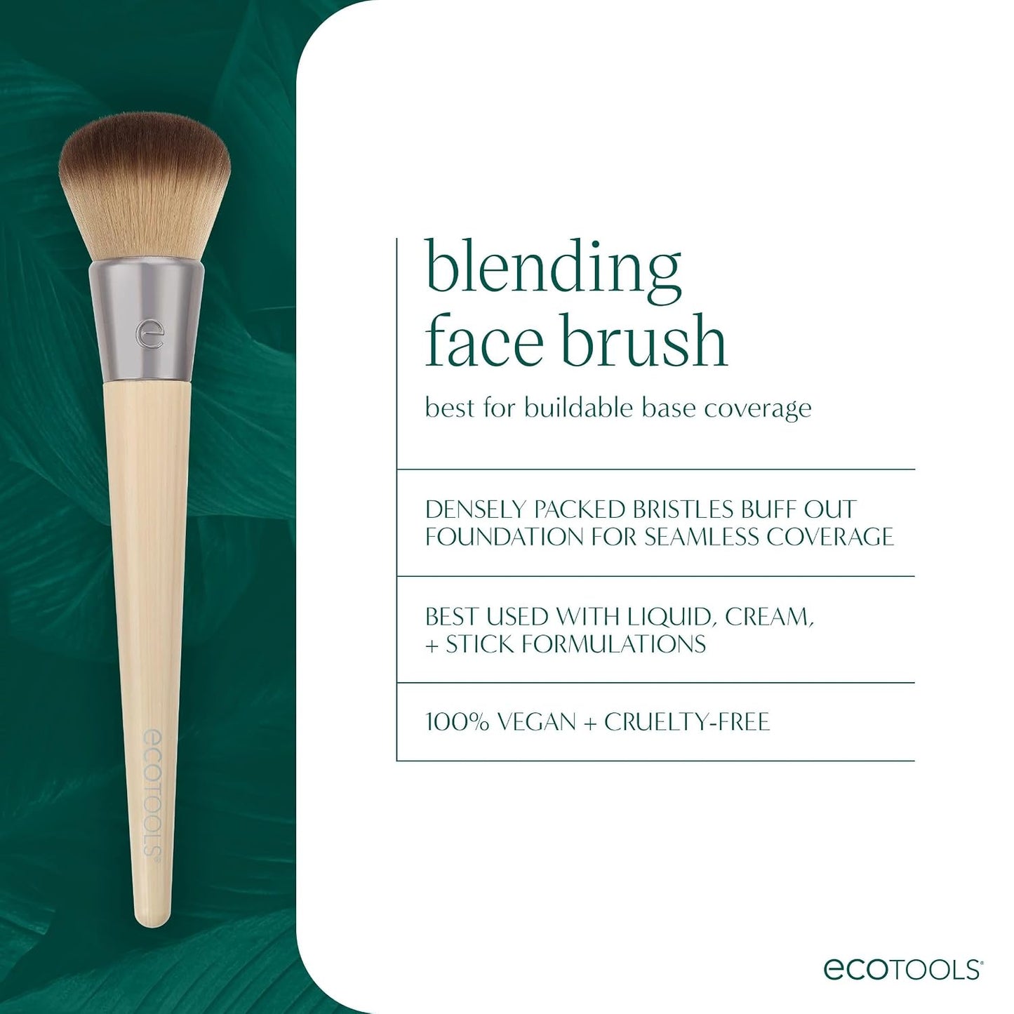 EcoTools Blending Face Makeup Brush for Foundation & Blush, 1 Count | Seamless base with a foundation brush for liquid makeup, dense synthetic bristles, face brush and vegan