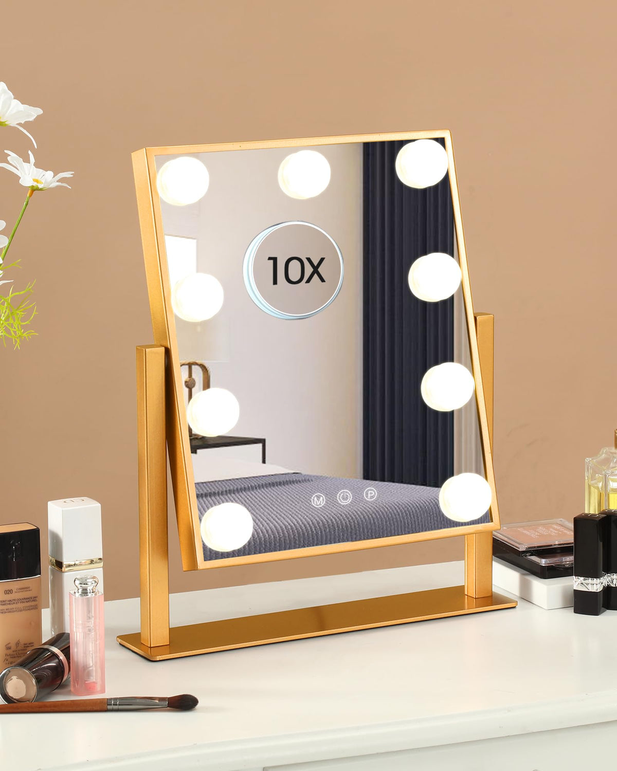 BWLLNI Lighted Makeup Mirror, White Vanity Mirror with Lights,9 LED Bulbs | Hollywood Mirror Touch Control Design 3 Colors Dimable LED Bulbs, Detachable 10X Magnification, 360°Rotation,12" L x 14" W