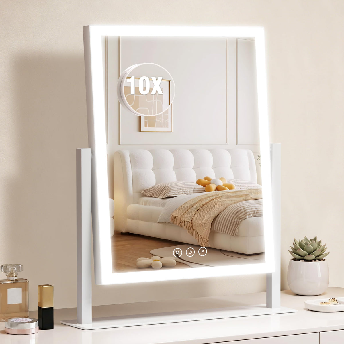 Acoolda Vanity Mirror with Lights, Hollywood Vanity Makeup Mirror with 9 Dimmable LED Bulbs, 3 Color Lighting Modes, Detachable 10X Magnification, 360°Rotation,White