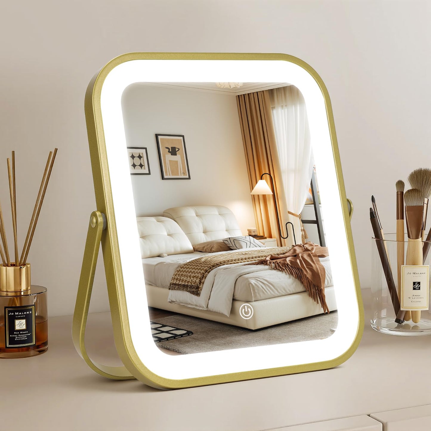 Rechargeable Vanity Mirror with Lights, 10"×8" Makeup Mirror with Lights, 1500mAH Battery, Smart Touch with 3-Color Lighting, Dimmable, HD Desk Mirror, Travel Essentials, Women Gift (White)