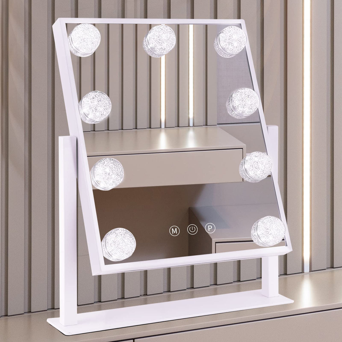 BWLLNI Lighted Makeup Mirror, White Vanity Mirror with Lights,9 LED Bulbs | Hollywood Mirror Touch Control Design 3 Colors Dimable LED Bulbs, Detachable 10X Magnification, 360°Rotation,12" L x 14" W