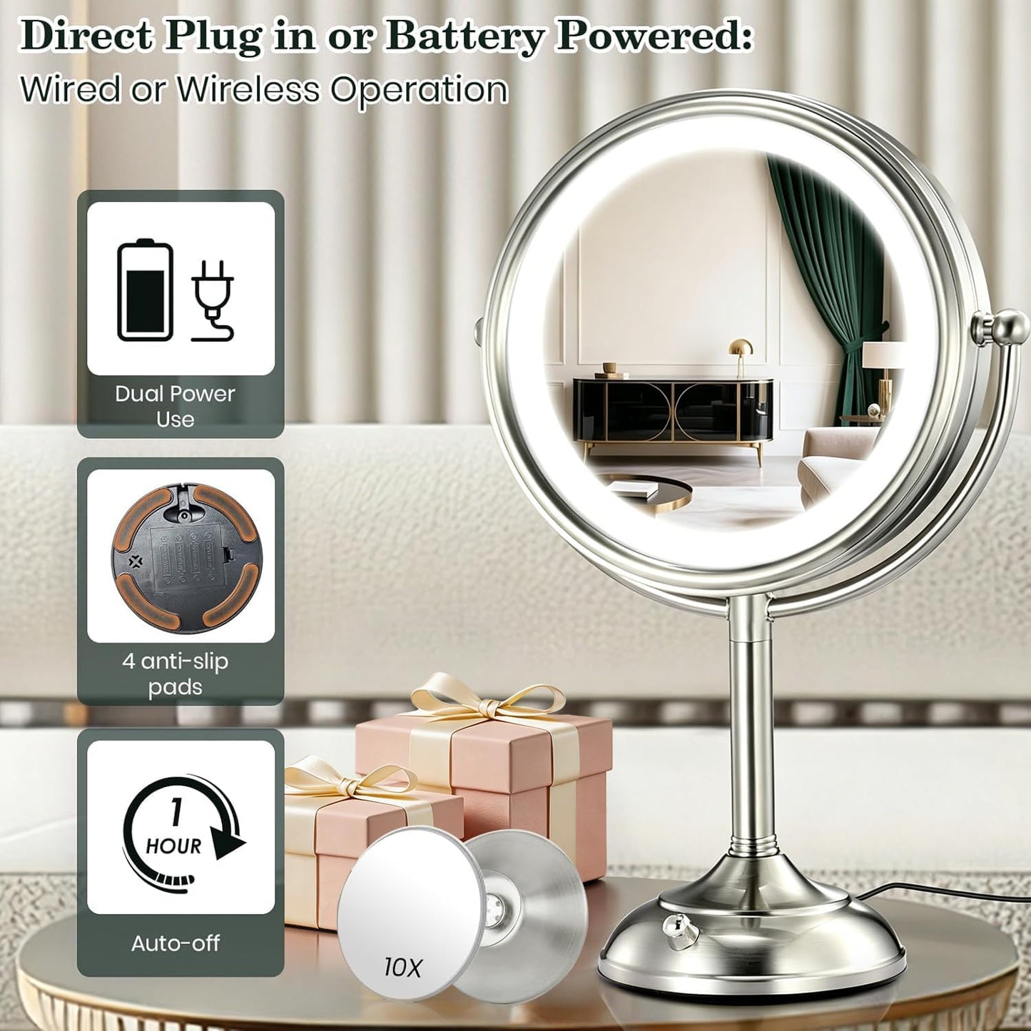 11.8" Extra Large 17" Tall Lighted Makeup Mirror, 1X/5X/10X 3-Sided Magnifying Mirror with 96 LEDs, 3 Color Dimmable Lights, 360° Swivel Dual Power Vanity Mirror, Nickel Finish Luxury Gift Box