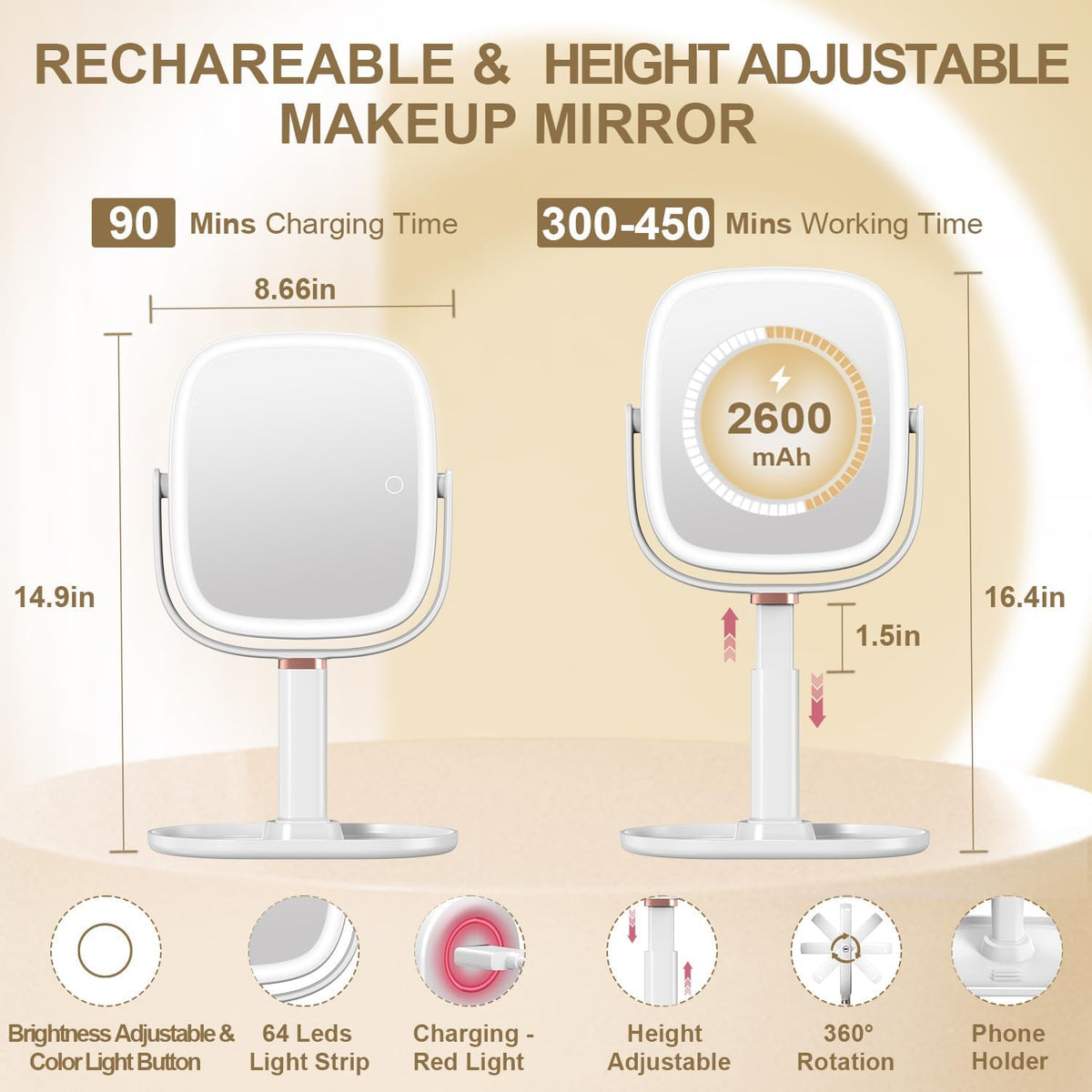 Mocado Makeup Mirror with Lights, 1X/20X Magnifying Mirror with Light | 3 Colors Lights, Phone Holder, 360° Rotation, Height Adjustable, 0-100% Brightness Adjustable, Memory Function (White)