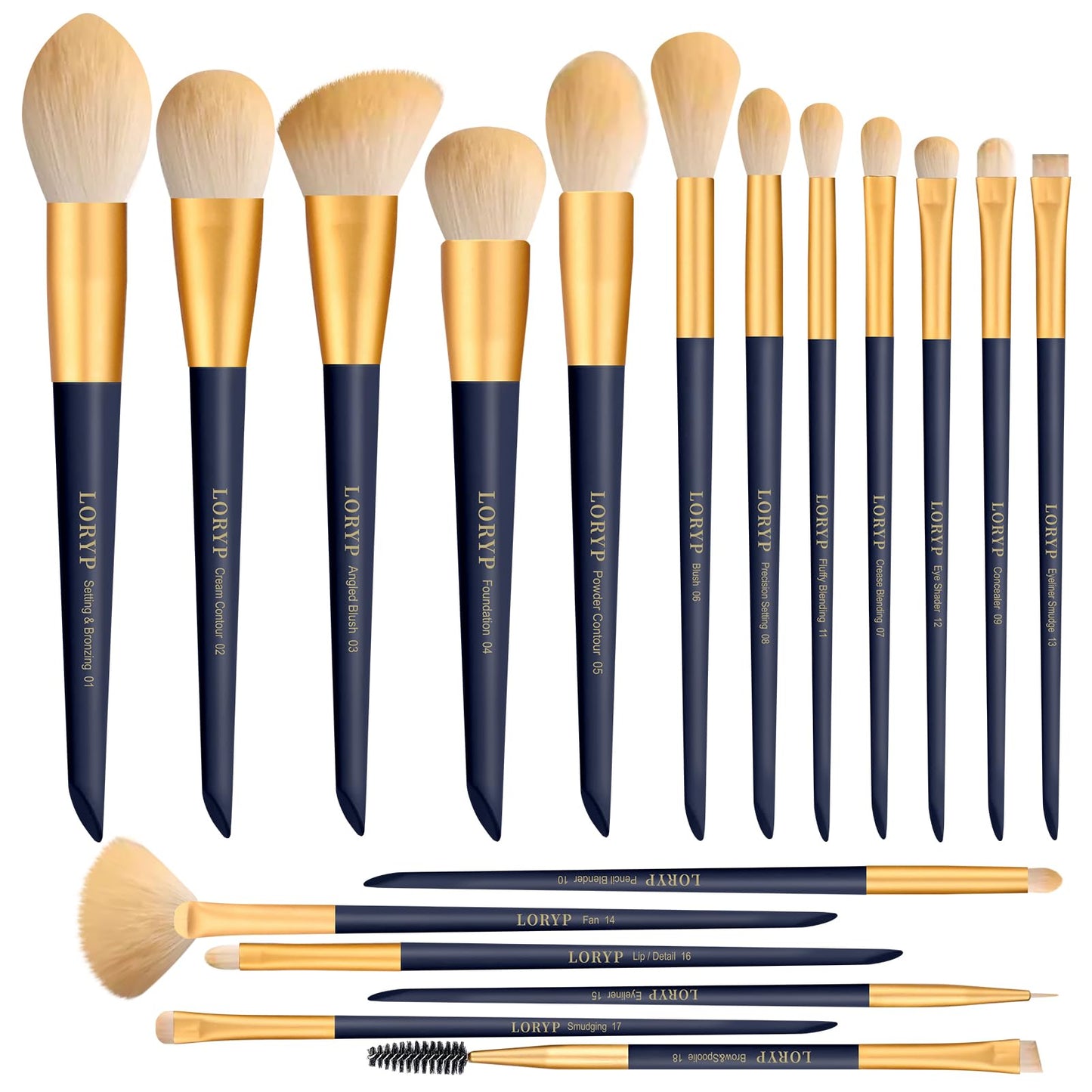 LORYP Makeup Brushes Set Labeled 18 Piece Face and Eye Brush Set Ultra soft hair Foundation, Concealer, Blush, Contour, Blending, Eyeshadow Khaki Brush kit