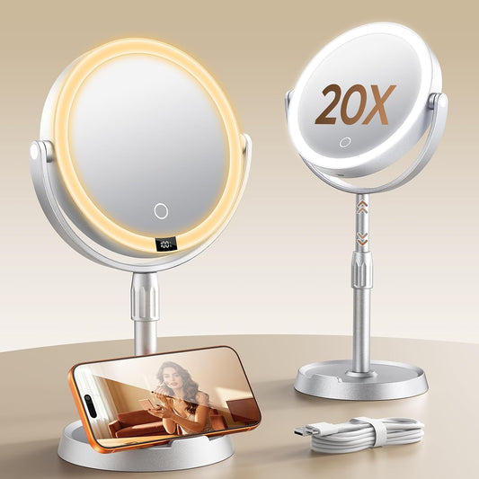 7" ABS Lighted Makeup Mirror with Lights, 1X/20X Magnifying Mirror with Light and Digital Display, 2.6in Height Adjustable, Rechargeable, 3 Color Modes for Makeup & Shaving, Easy to Detach, Women Gift