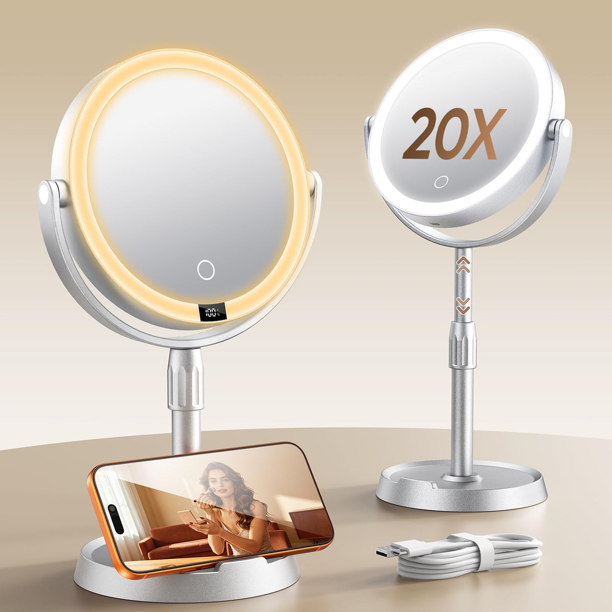 7" ABS Lighted Makeup Mirror with Lights, 1X/20X Magnifying Mirror with Light and Digital Display, 2.6in Height Adjustable, Rechargeable, 3 Color Modes for Makeup & Shaving, Easy to Detach, Women Gift