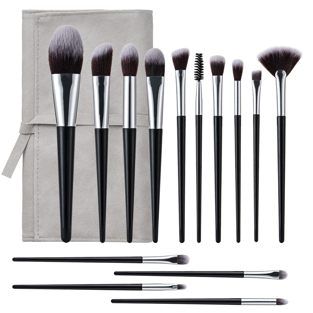 Amrules 14 Pcs Professional Makeup Brush Set, with PU Bag, Grayish | Makeup brushes, including eye and face foundation brush sets, eyeshadow brushes and other makeup brushes, ideal for beginners