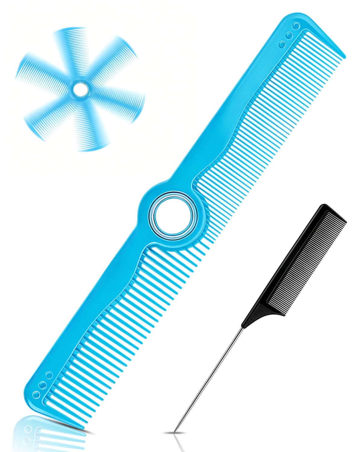 Rotatable Hair Comb, 8" Fine & Wide Tooth Comb with Bonus 9" Rat Tail Comb | Professional Hair Comb for Men Women, Carbon Fiber + ABS, Rounded Teeth, Heat Resistant for Hair Stylists, Barbers