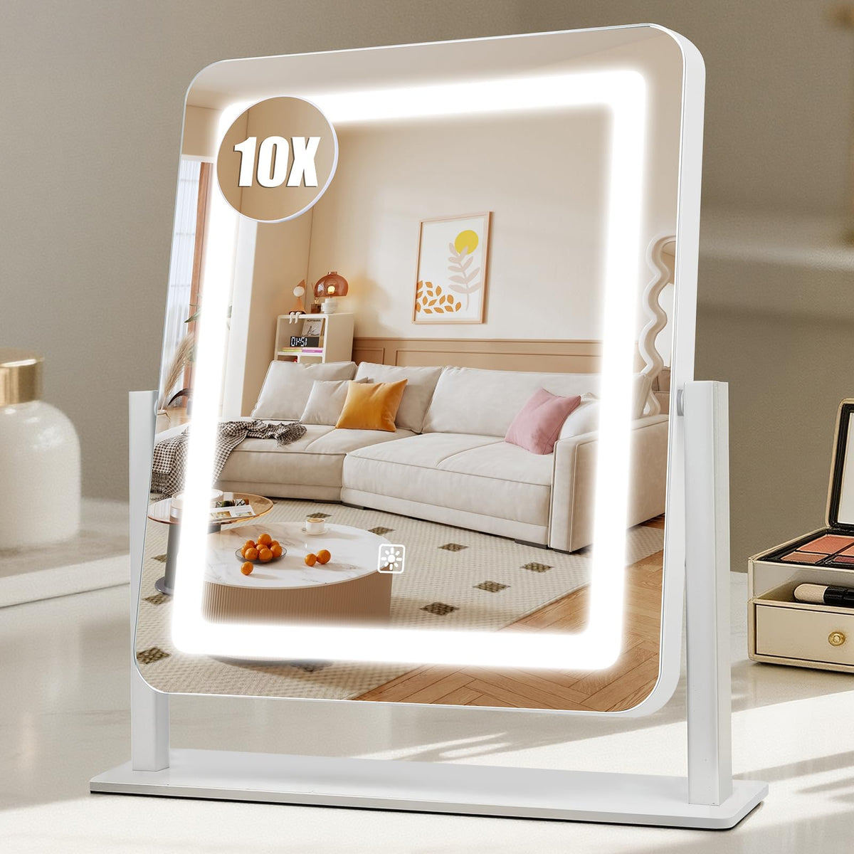 Rechargeable Vanity Mirror with Lights, 10"×8" Makeup Mirror with Lights, 1500mAH Battery, Smart Touch with 3-Color Lighting, Dimmable, HD Desk Mirror, Travel Essentials, Women Gift (White)