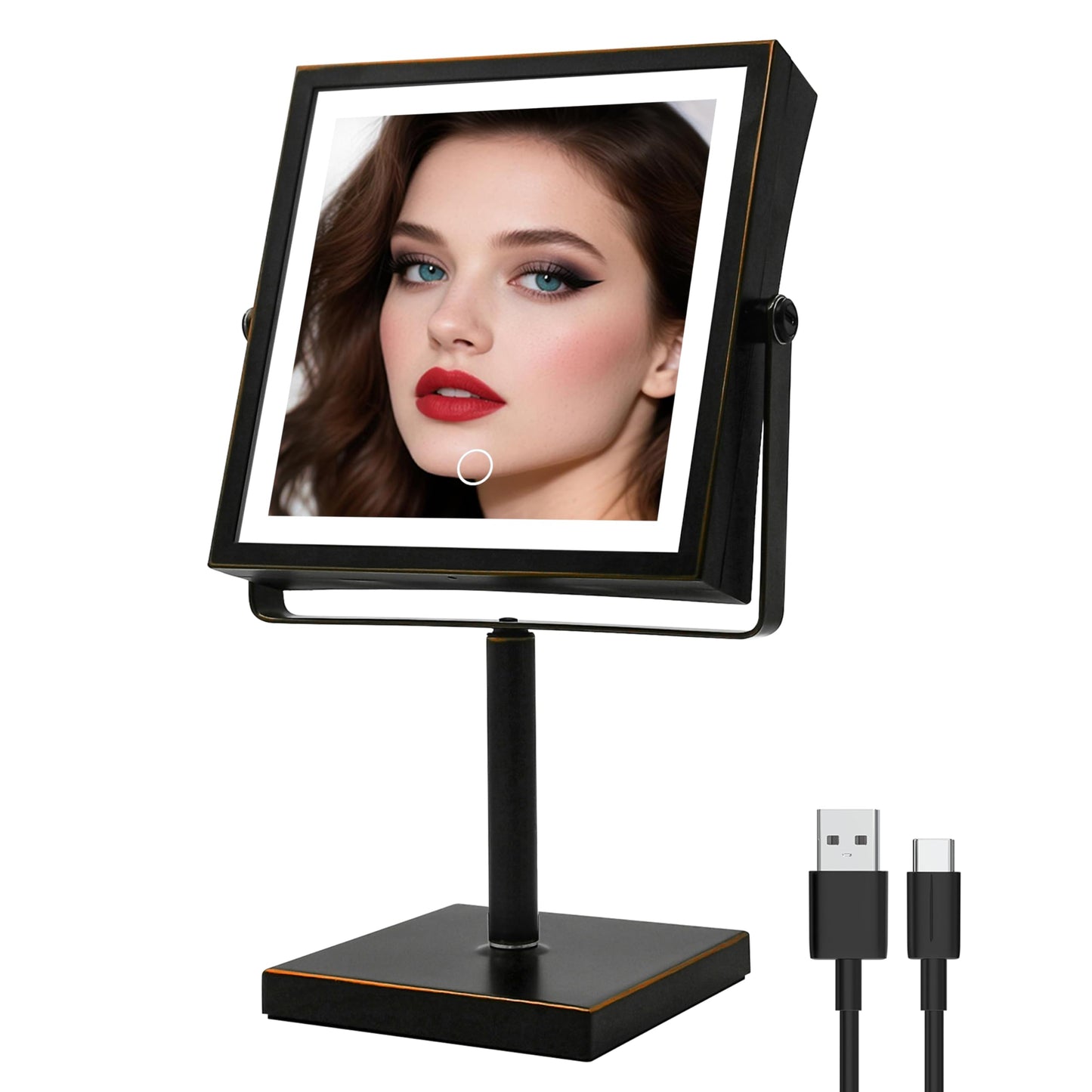 Ruacq Makeup Mirror with Lights 1X/10X Height Adjustable Matte Black | 8",4000mAh Rechargeable,Dual Sided Magnifying Vanity Mirror,3 Color Lights,Adjustable Brightness,Square,Gift for Women