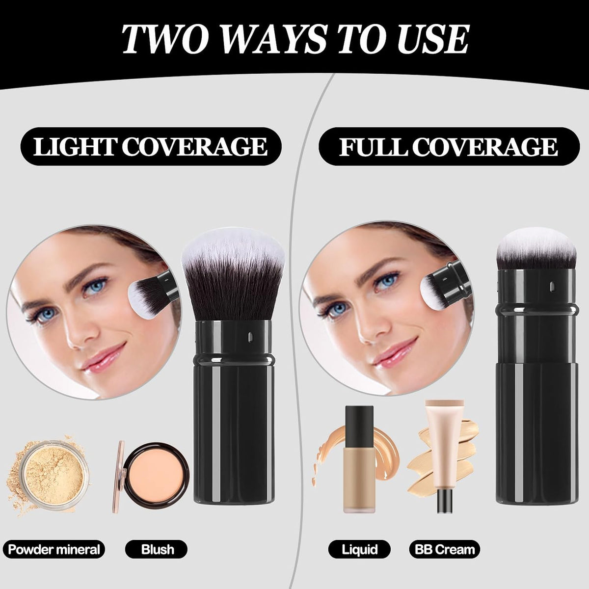 Retractable Kabuki Brush, 2 Pack Travel Foundation Face Makeup Brush Set | Powder Makeup Brushes for Blush, Liquid, Cream, Cosmetics, Loose Powder, Bronzer, with Aluminum Handle, Cover