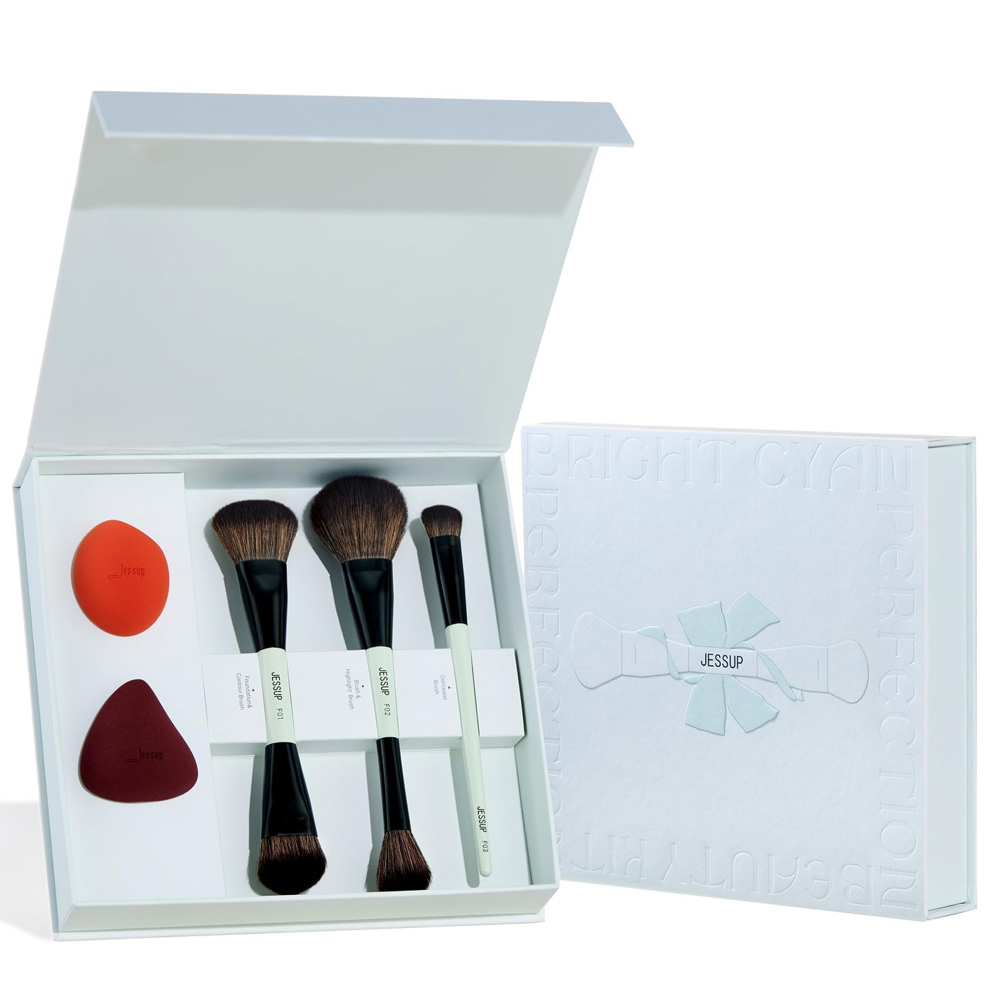 Jessup Makeup Brushes Set 10pcs, Double Sided Foundation Contour Blush Highlight Blending Eyebrow Brush Eyeshadow Eyeliner Concealer Brush, Bright Cyan Cruelty Free Cosmetic Tools T500