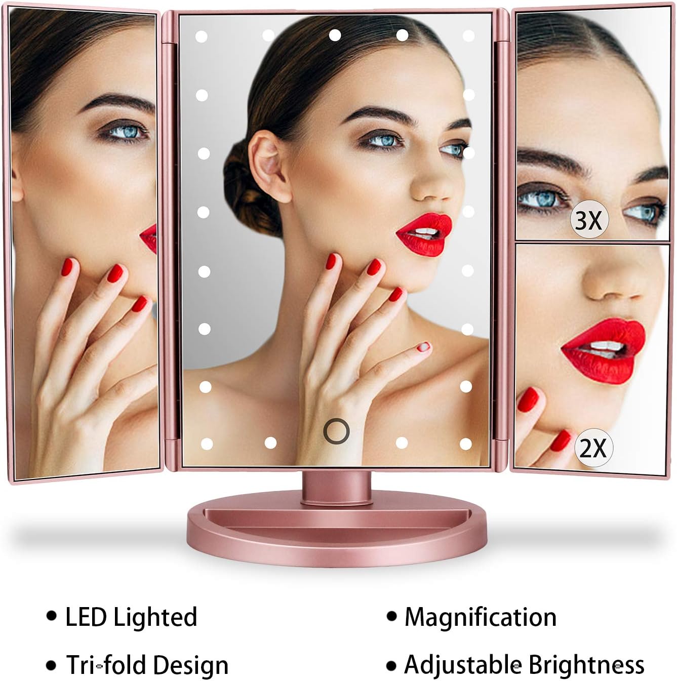 Dresser Mount Tri-Fold Lighted Vanity Mirror with 21 LED Lights, Touch Screen and 3X/2X/1X Magnification, Two Power Supply Modes Make Up Mirror,Travel Mirror