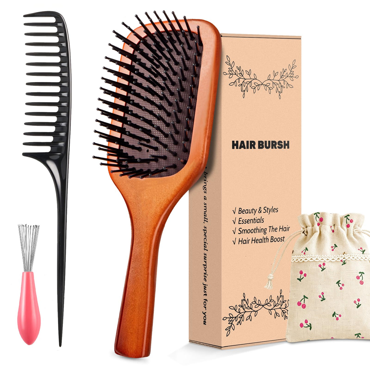 Wooden Hair Brush –Detangling Air Cushion Paddle, Anti-Static, Reduces Breakage, for Curly & Straight Hair, Wet & Dry Use for Women Men All Hair Types