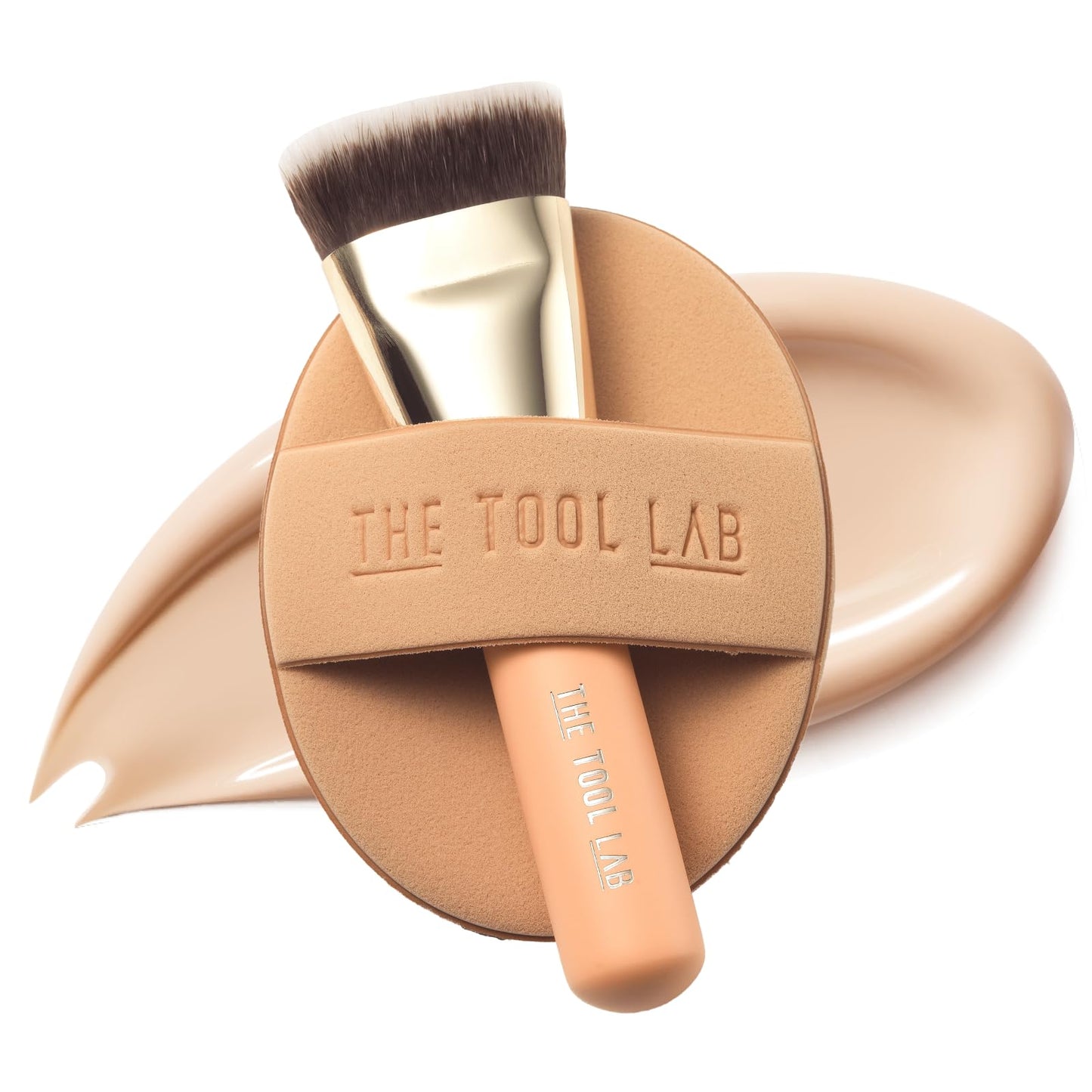 THE TOOL LAB All Day Fitting Duo (Glow type) - Premium Base Makeup Set for Liquid Cream Powder Foundation, Buffing Blending Face Brush, Sponge, Portable Case - 1.1" Flat Top Brush