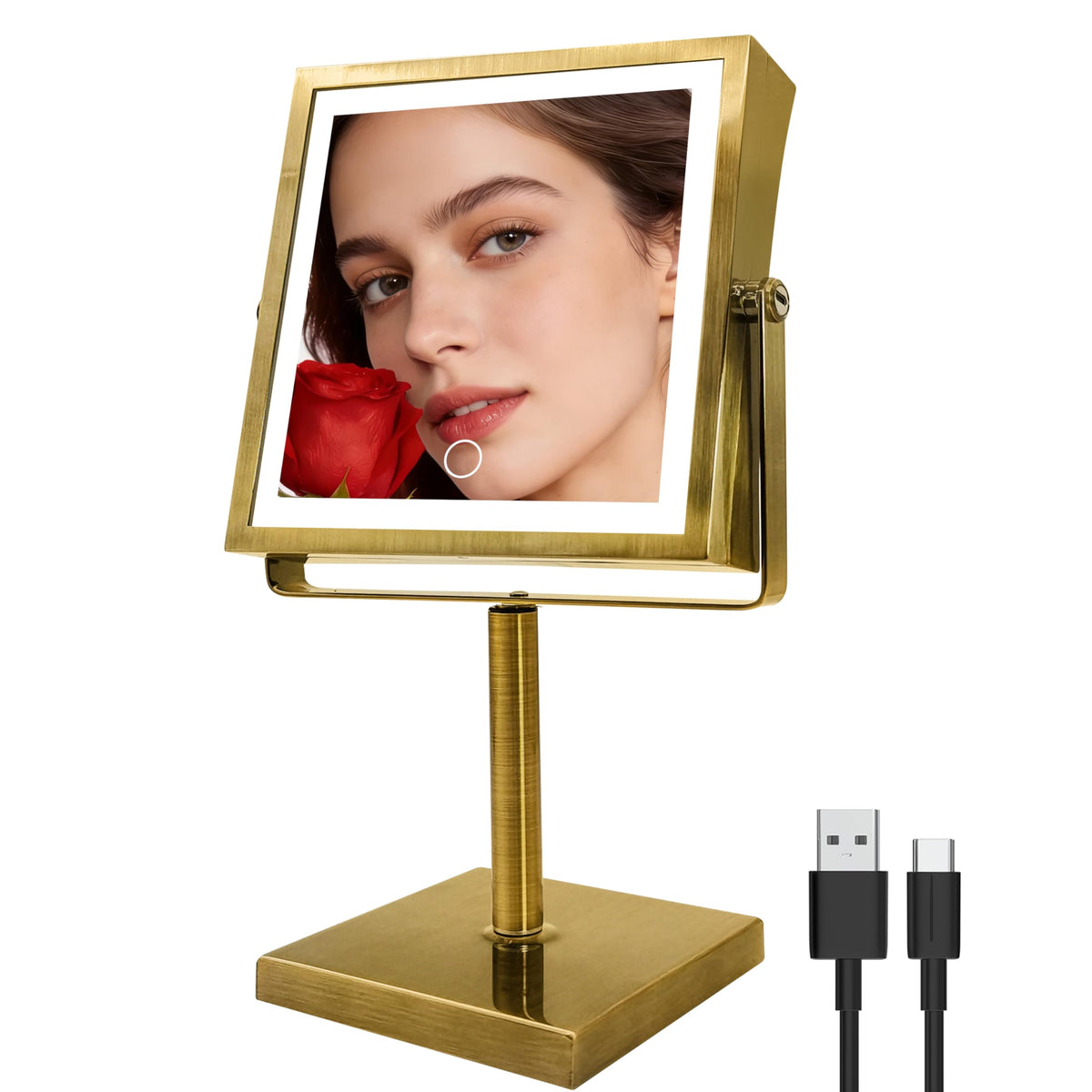 Ruacq Makeup Mirror with Lights 1X/10X Height Adjustable Matte Black | 8",4000mAh Rechargeable,Dual Sided Magnifying Vanity Mirror,3 Color Lights,Adjustable Brightness,Square,Gift for Women