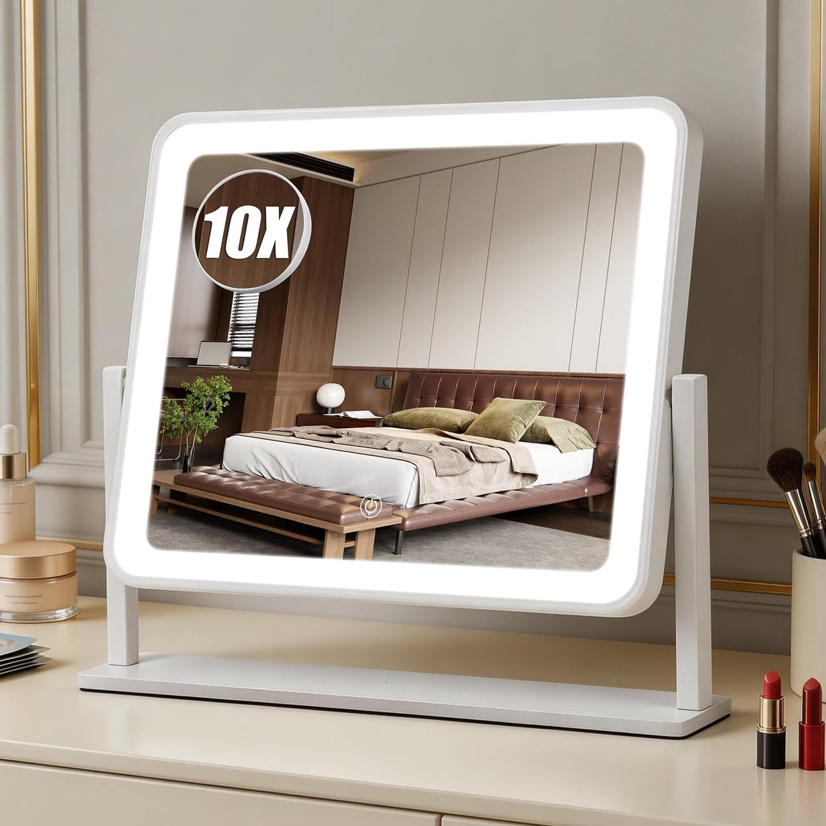 Rechargeable Vanity Mirror with Lights, 10"×8" Makeup Mirror with Lights, 1500mAH Battery, Smart Touch with 3-Color Lighting, Dimmable, HD Desk Mirror, Travel Essentials, Women Gift (White)