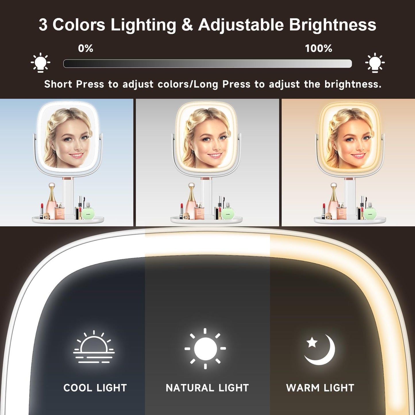 Mocado Makeup Mirror with Lights, 1X/20X Magnifying Mirror with Light | 3 Colors Lights, Phone Holder, 360° Rotation, Height Adjustable, 0-100% Brightness Adjustable, Memory Function (White)
