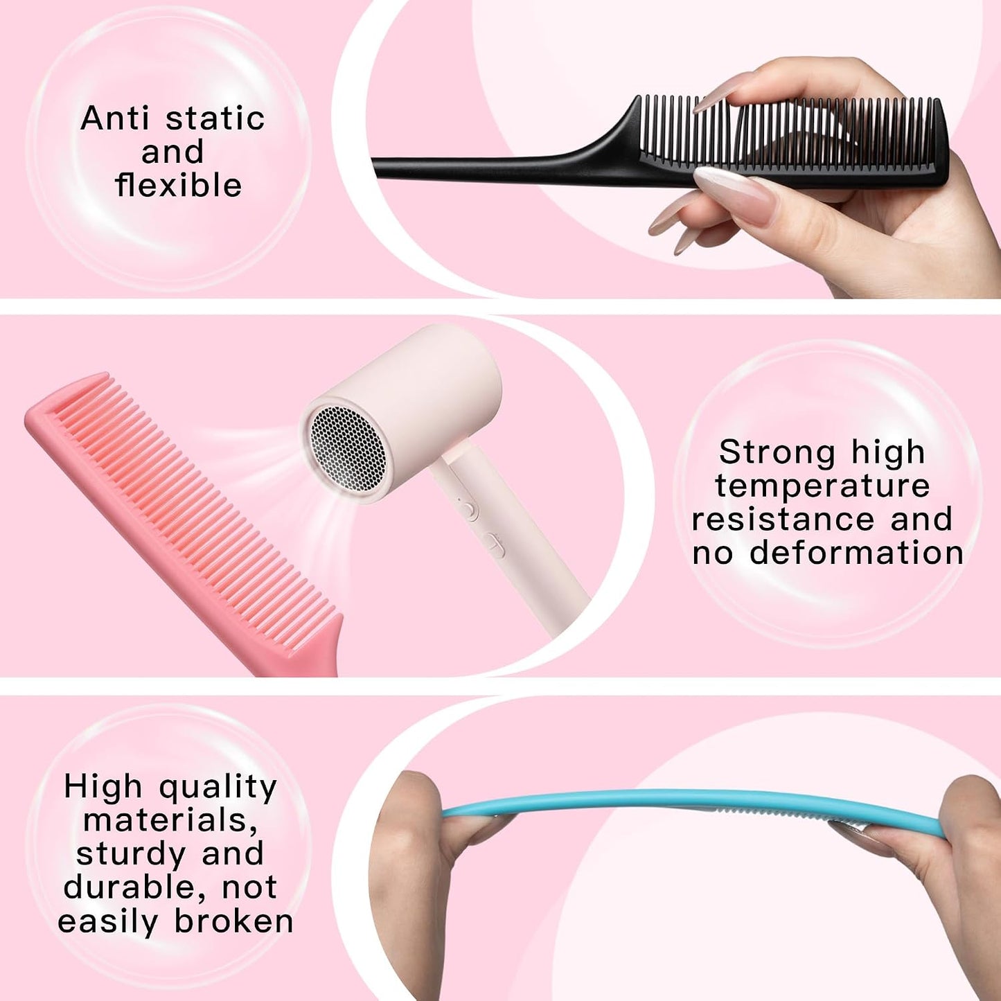 4 Pcs Rat Tail Comb Set for Women -Fine Tooth Styling comb with Pick, Anti-Static Heat Resistant Teasing Comb,Professional Hair Parting Tools for Smooth Detangling, Updos & Salon-Perfect Hairstyles.