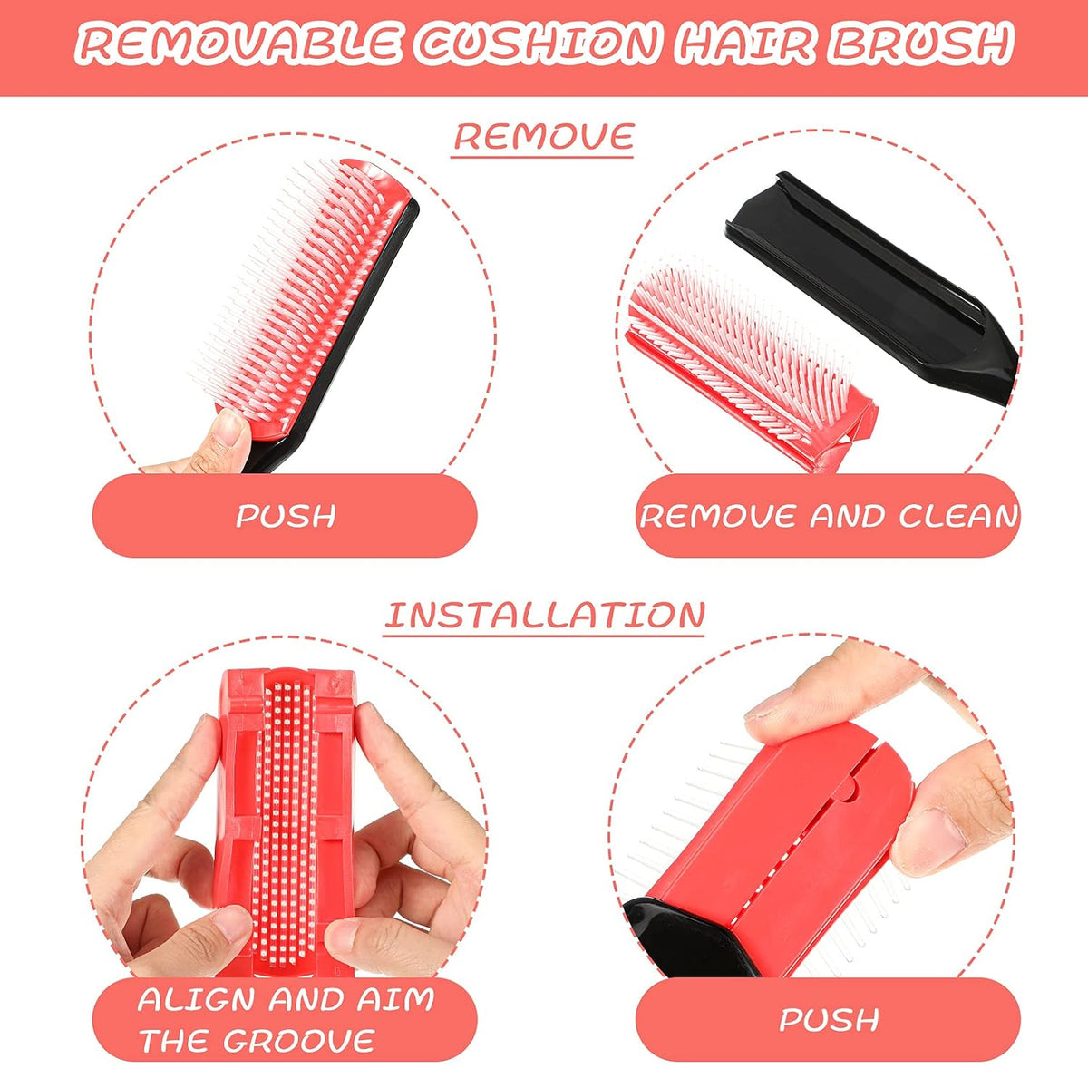 Patelai 3 Sizes Nylon Cushion Hair Brush 9-Row 5-Row, Red Black